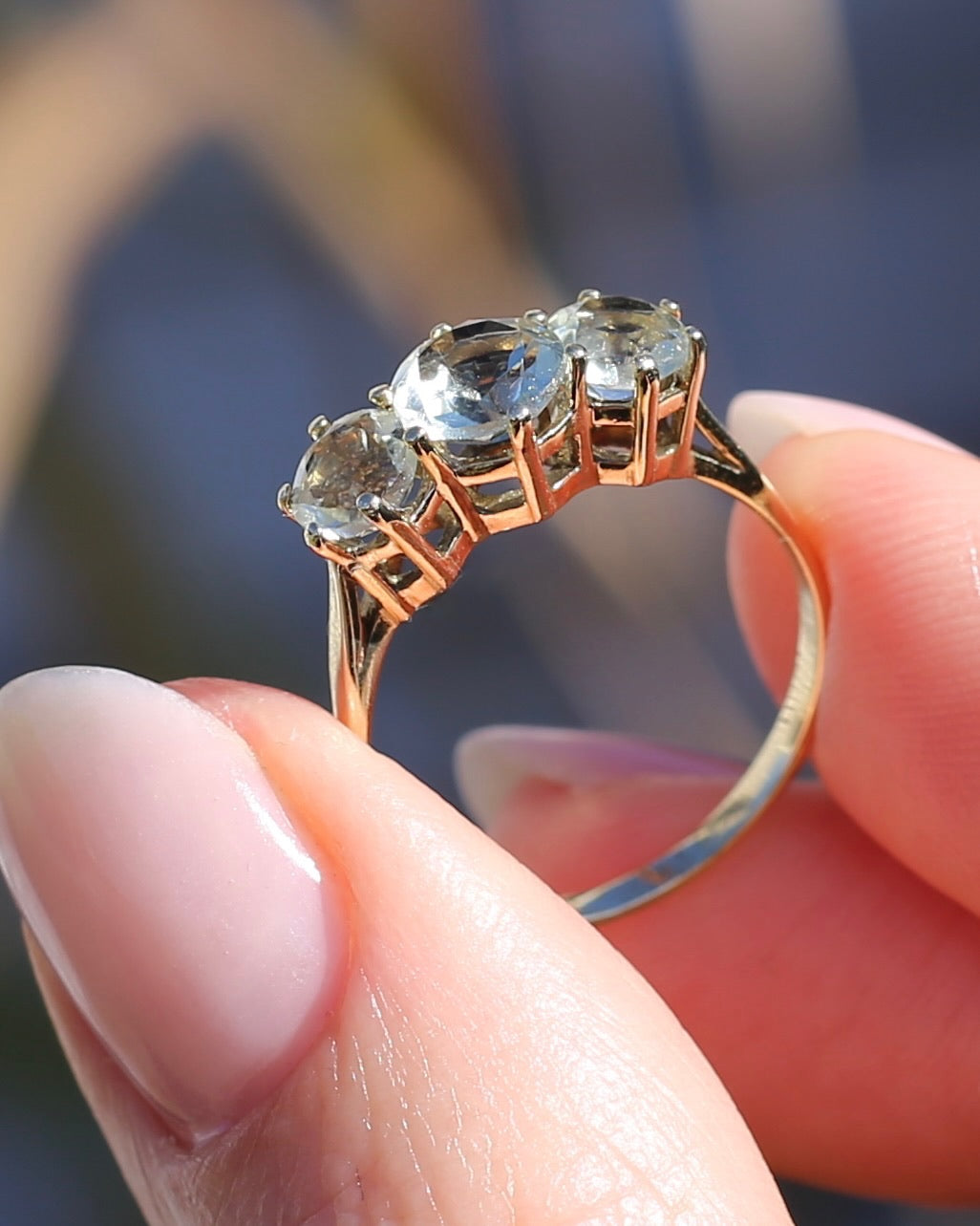Prasiolite or Green Amethyst in Vintage Trilogy, 9ct Yellow Gold, size 7 or N1/2