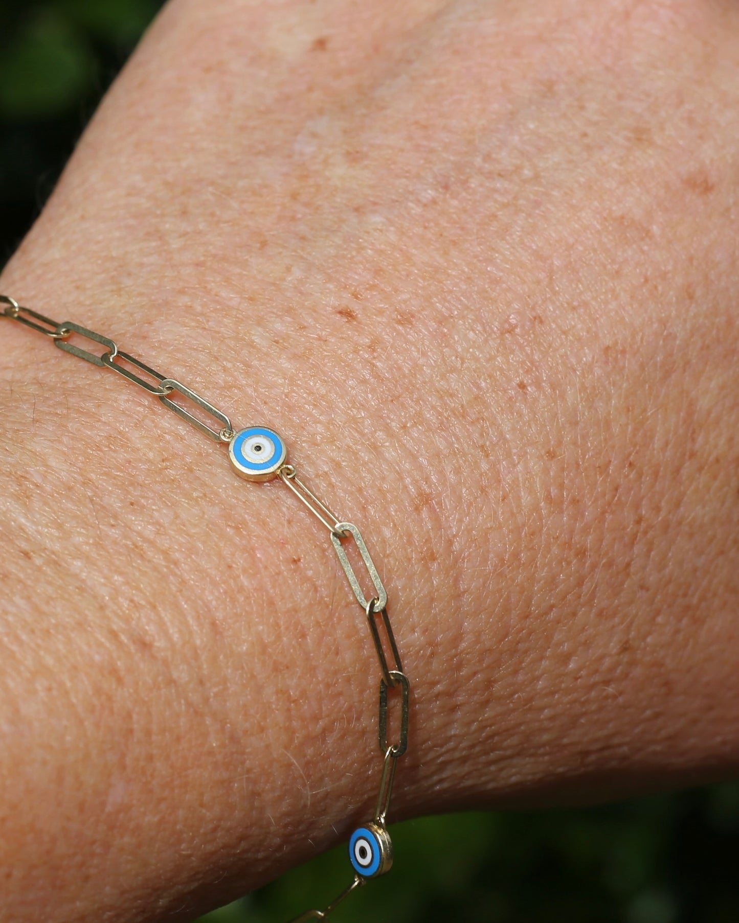 Delicate Paperclip and Enamel Evil Eye Bracelet, 9ct Yellow Gold, 19.5cm or 7.75inches