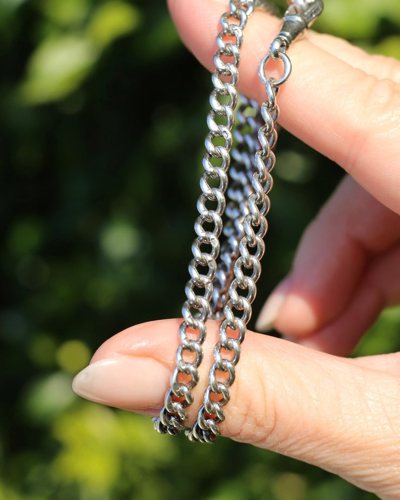 Antique 1913-1914 Birmingham Made Curb Link Watch Chain, Double Albert Clasp, Sterling Silver, 41.5cm