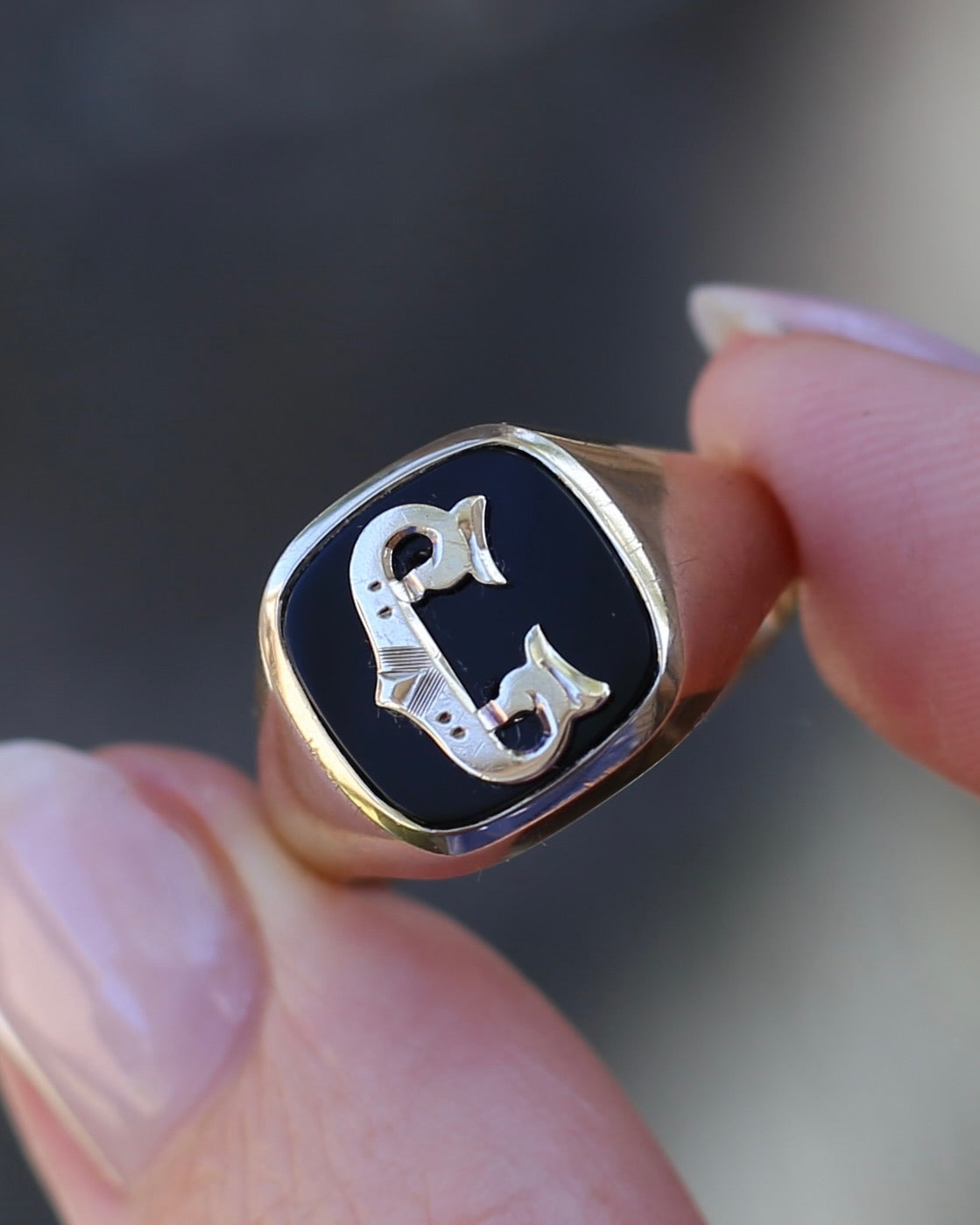 Vintage "C" Onyx Signet Ring, Bezel Set, Older Rosey Gold, size 9.5 or T