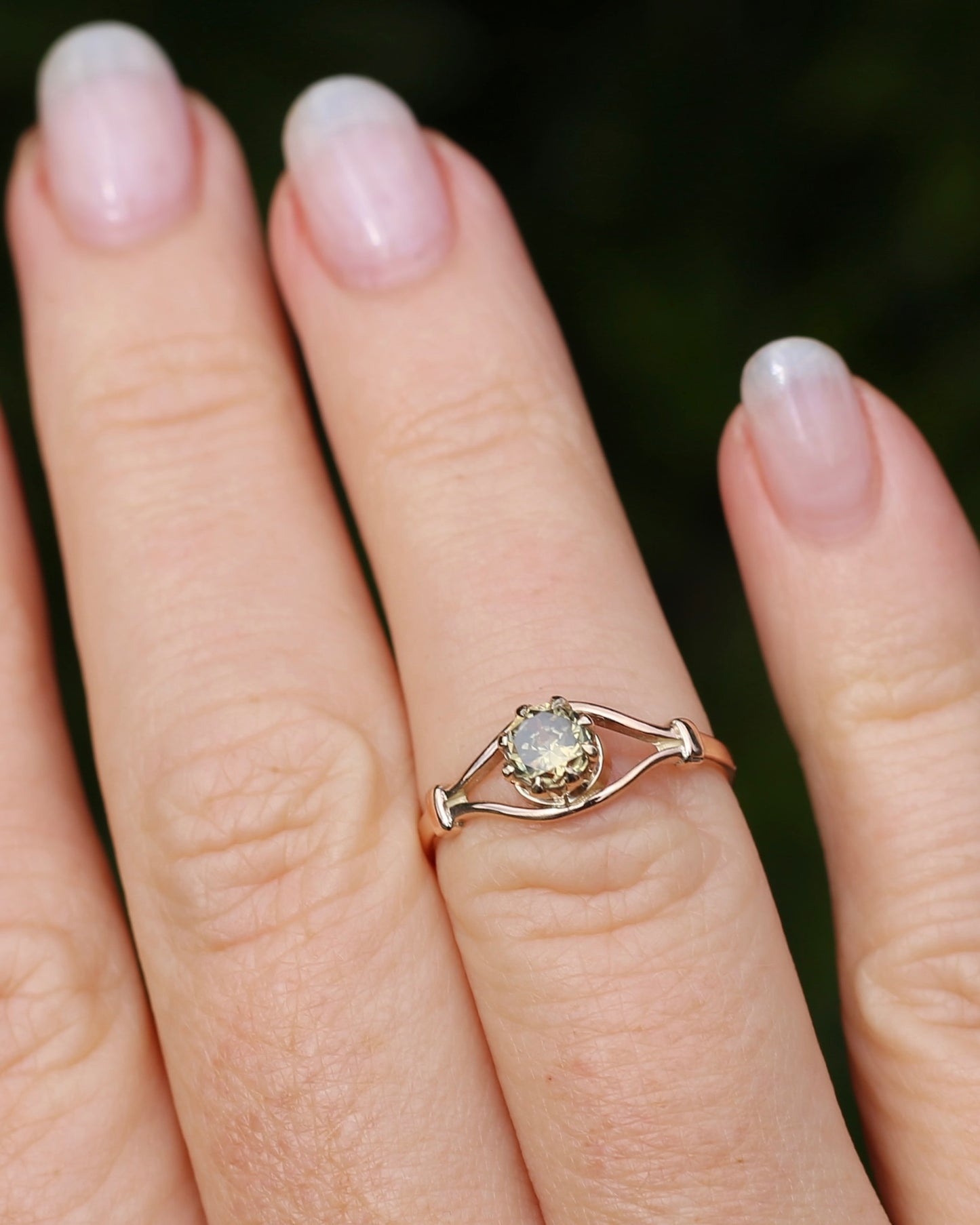 East African Green Zircon, Vintage 8 Claw Setting, Old Rosey Gold, size M1/2 or 6.5