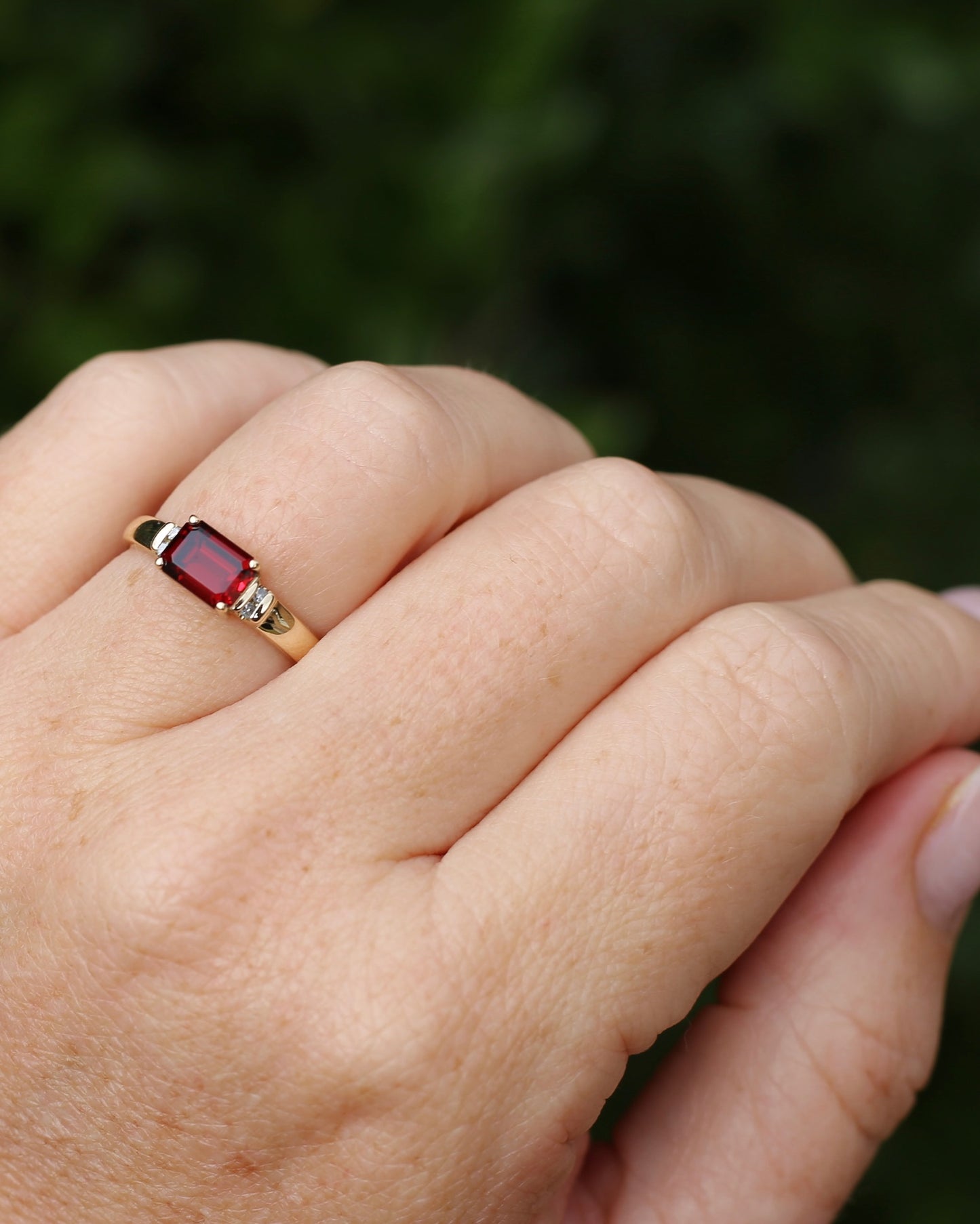 East African East West Set Emerald Cut Garnet and Diamond side stones, 9ct Yellow Gold, size P1/2 or 8