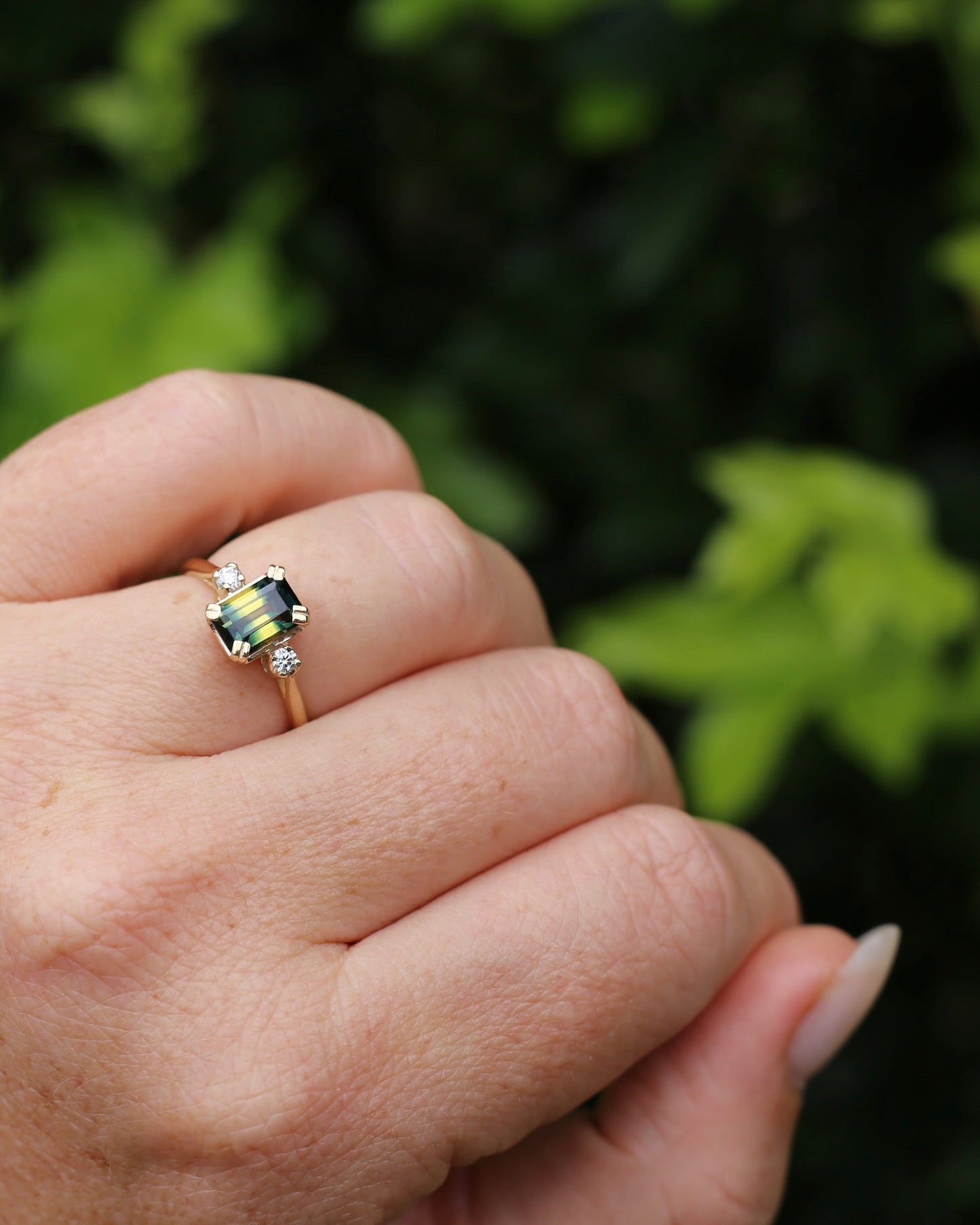 Vintage 1.5ct Emerald Cut Parti Sapphire and Diamond trilogy, 9ct Yellow Gold, size N or 6.75