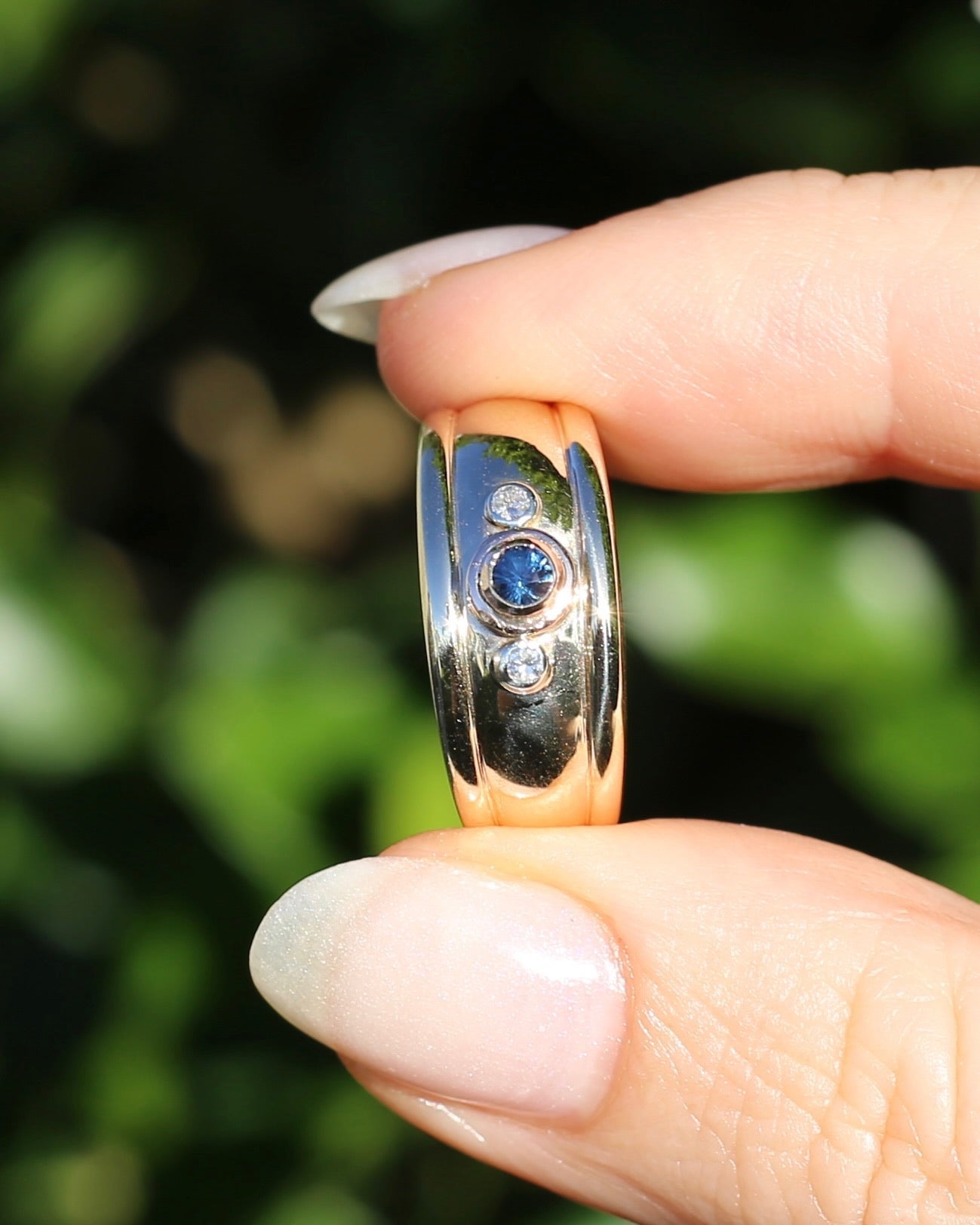 Bezel Set Parti Sapphire and Diamond Trilogy, Chunky Yellow Gold, size O1/2 or 7.5 (will fit smaller due to width)