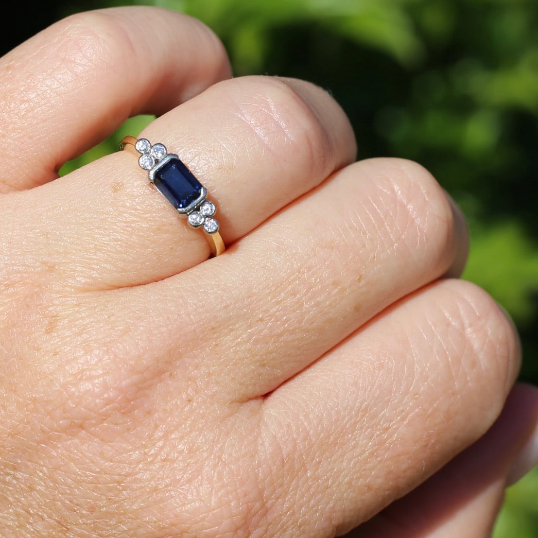 Vintique East West Set Semi Bezel Sapphire and Bezel Set Diamond Clusters, 18ct White and Yellow Gold, size O or 7.25