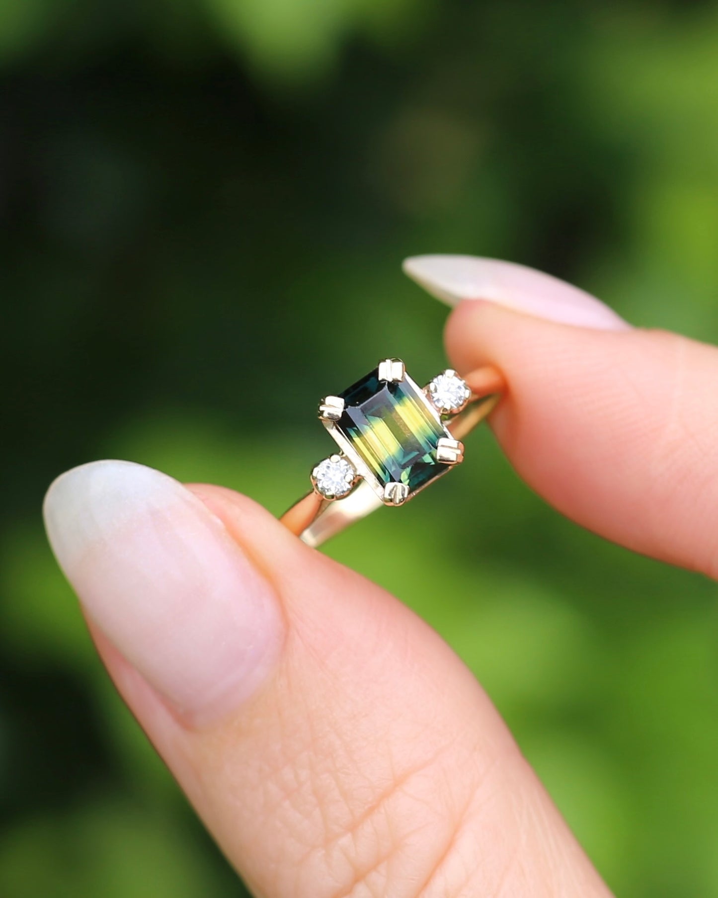 Vintage 1.5ct Emerald Cut Parti Sapphire and Diamond trilogy, 9ct Yellow Gold, size N or 6.75