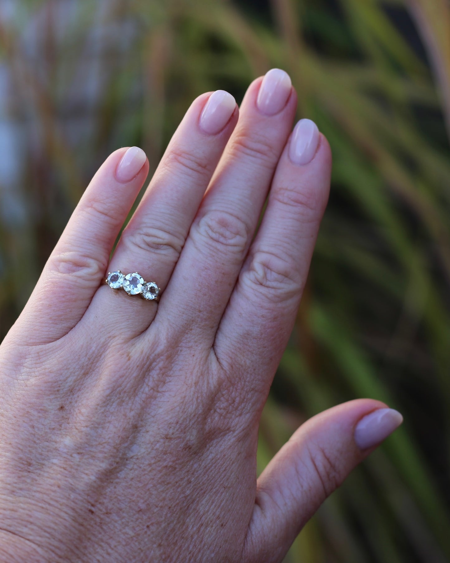 Prasiolite or Green Amethyst in Vintage Trilogy, 9ct Yellow Gold, size 7 or N1/2