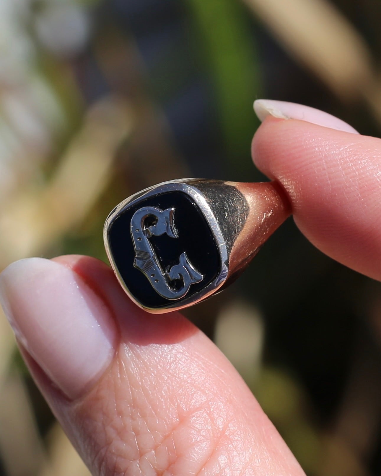 Vintage "C" Onyx Signet Ring, Bezel Set, Older Rosey Gold, size 9.5 or T