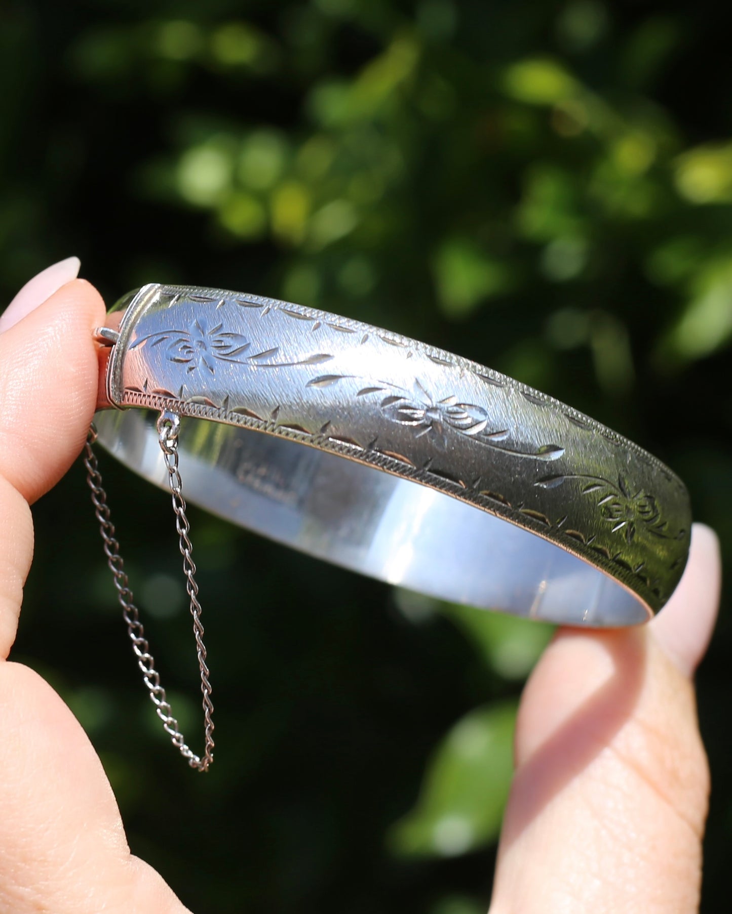 Vintage Hinged Engraved Silver Semi Hollow Bangle, Sterling Silver, 19.2g
