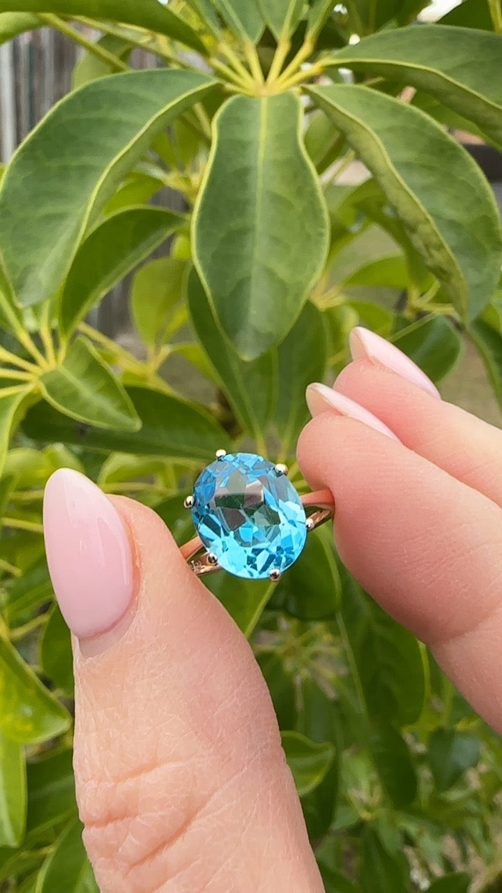 Vintage 4.5ct Oval Blue Topaz Claw Set Ring, 9ct Yellow Gold, size 6 or L1/2