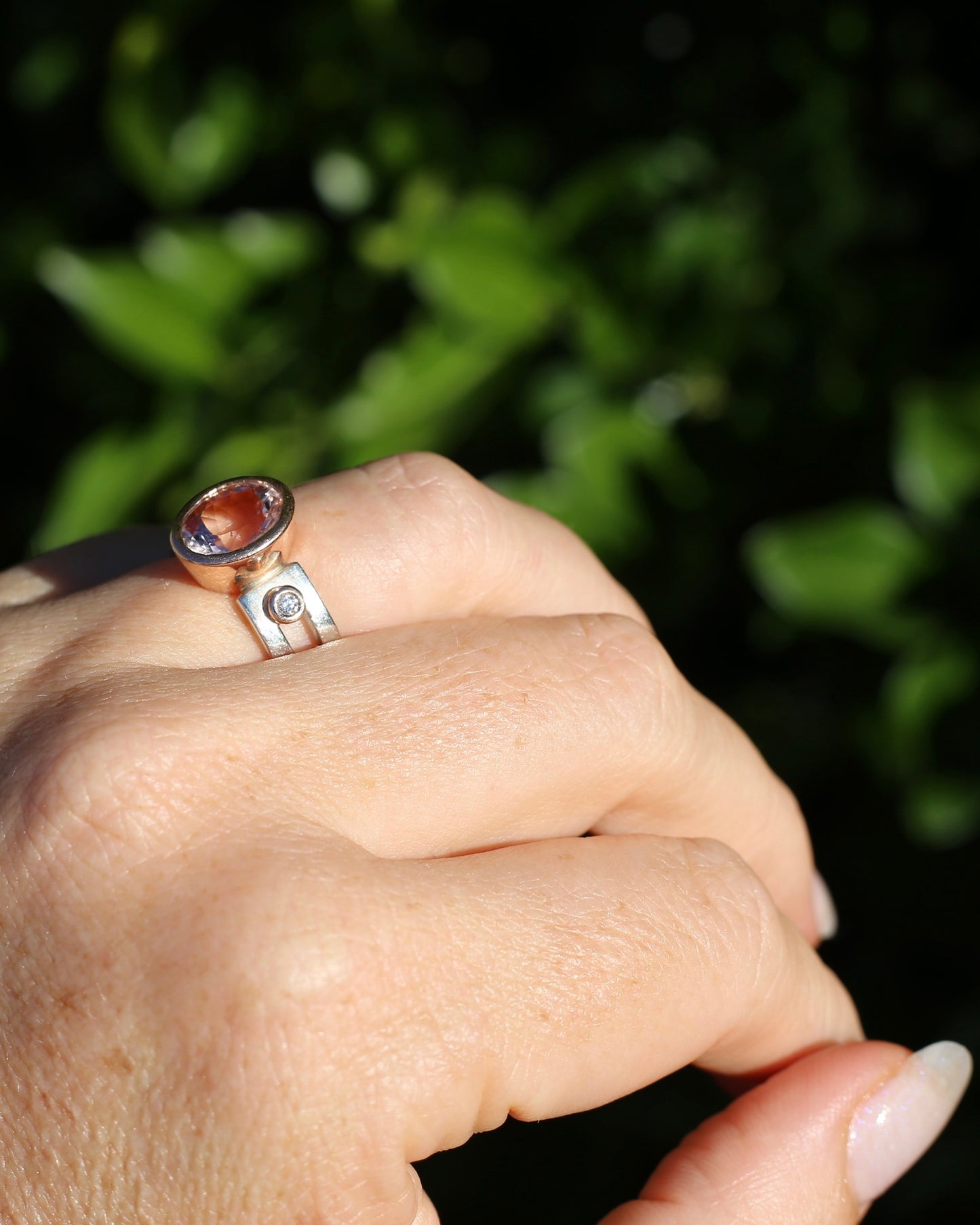 Chunky Bezel Set Morganite and Diamond Ring, 9ct Rose Gold and Silver, size P or 7.5 (fits smaller)