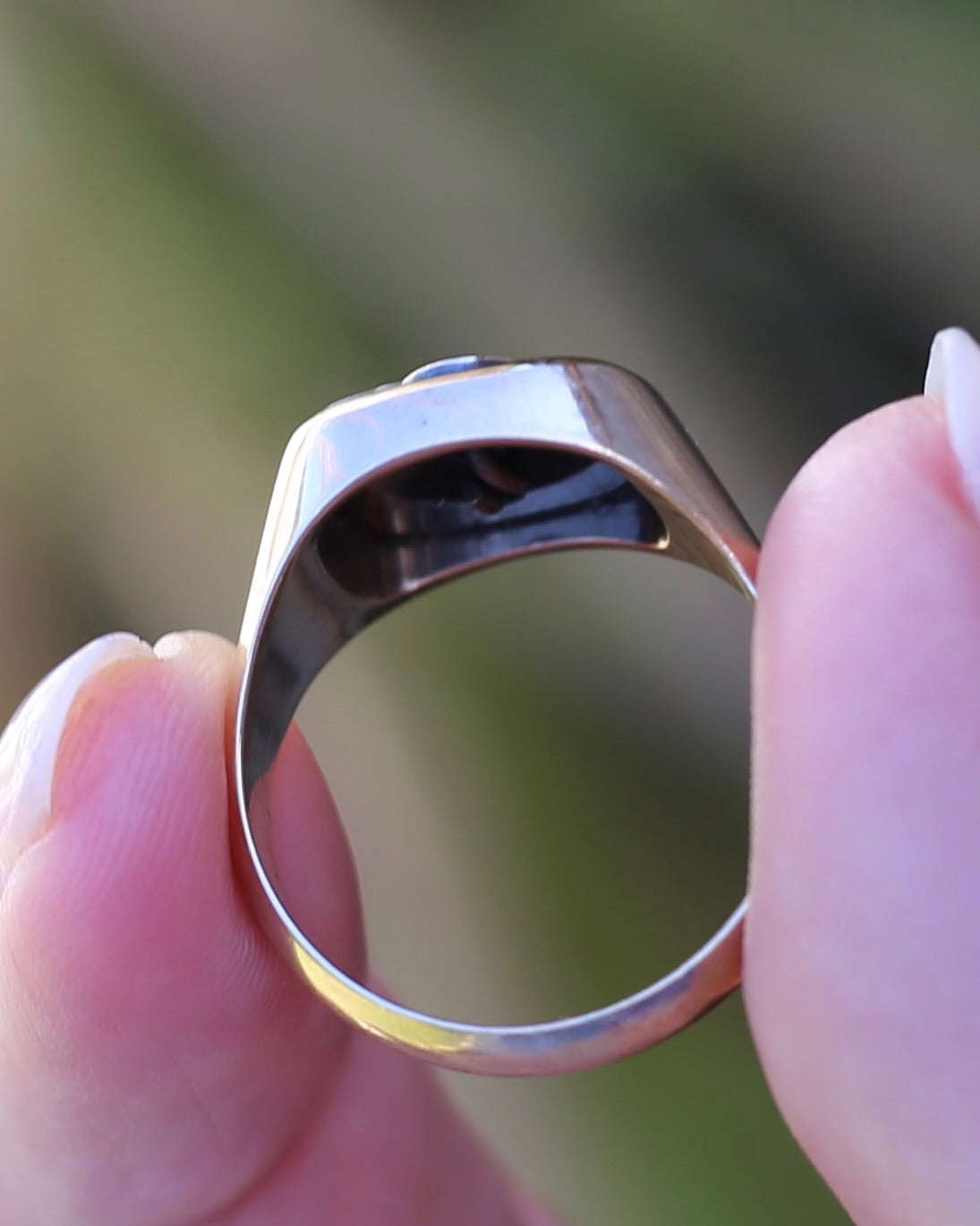 Vintage "C" Onyx Signet Ring, Bezel Set, Older Rosey Gold, size 9.5 or T