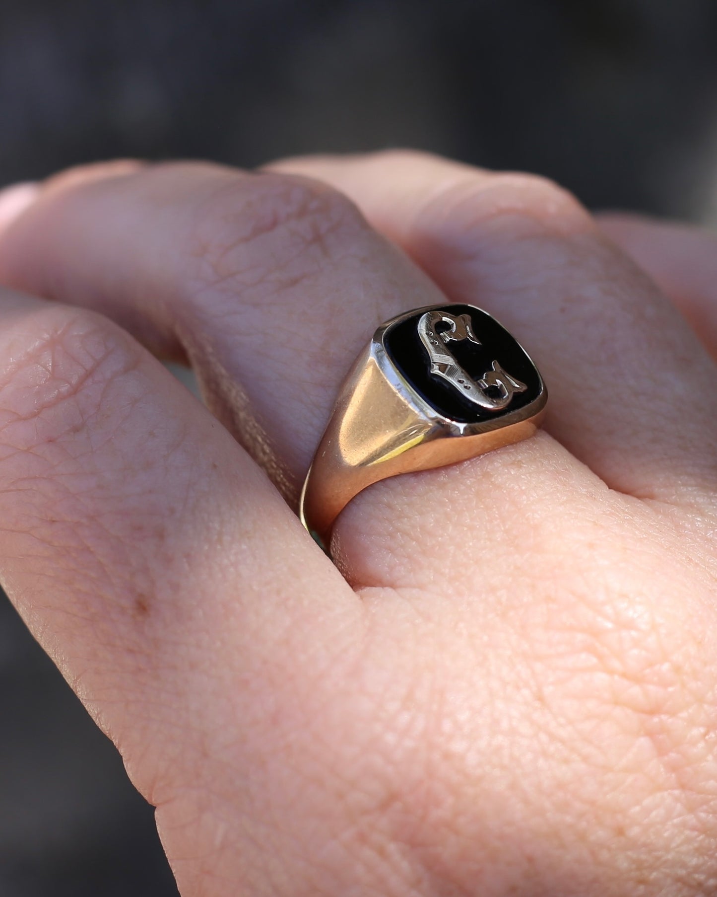 Vintage "C" Onyx Signet Ring, Bezel Set, Older Rosey Gold, size 9.5 or T
