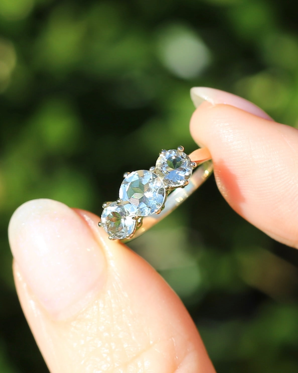 Prasiolite or Green Amethyst in Vintage Trilogy, 9ct Yellow Gold, size 7 or N1/2