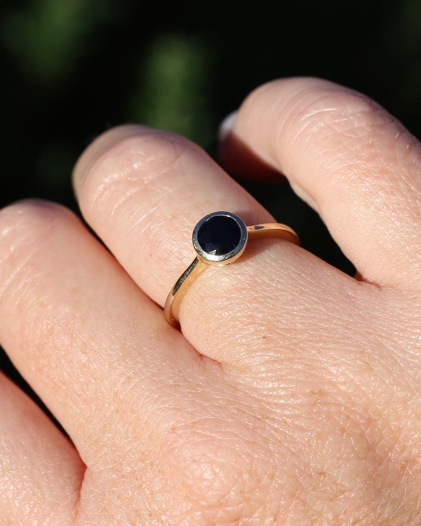 Bezel Set Opaque Navy Sapphire, 9ct Yellow Gold, size O or 7.25