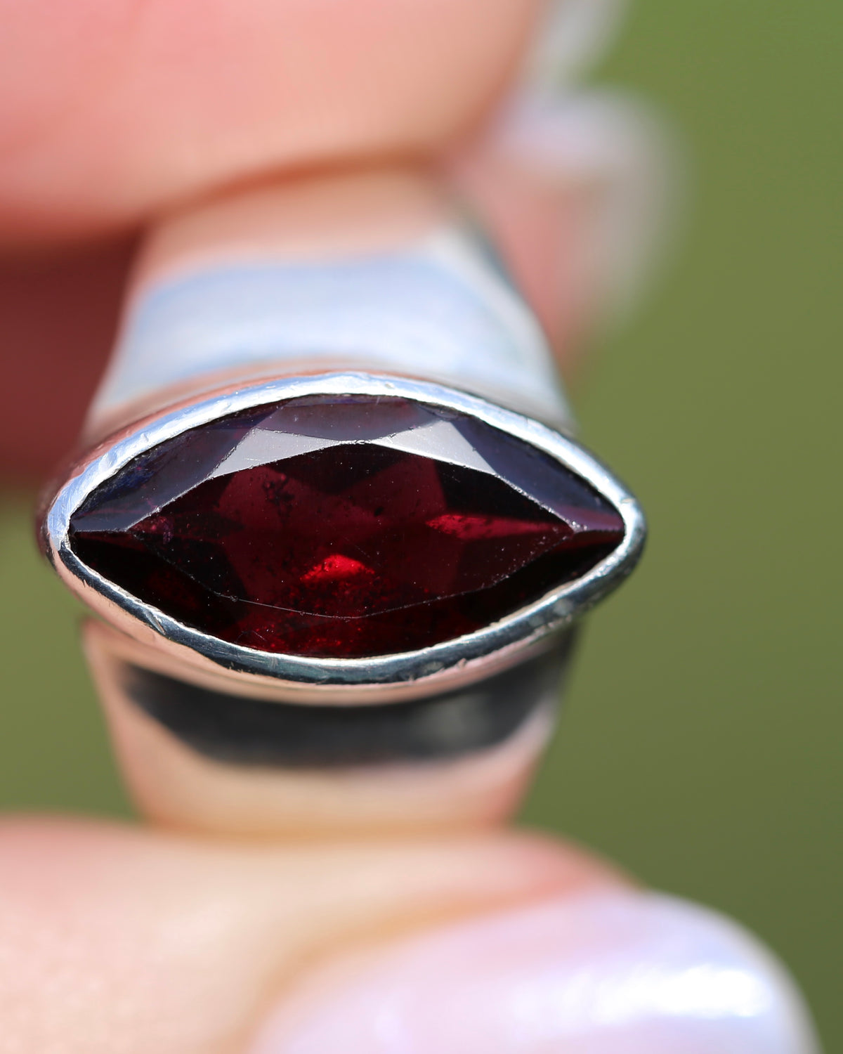 Bezel Set Marquise Garnet Ring, Sterling Silver, size R - fits more like Q-Q1/2 or 8.25, 7.65g