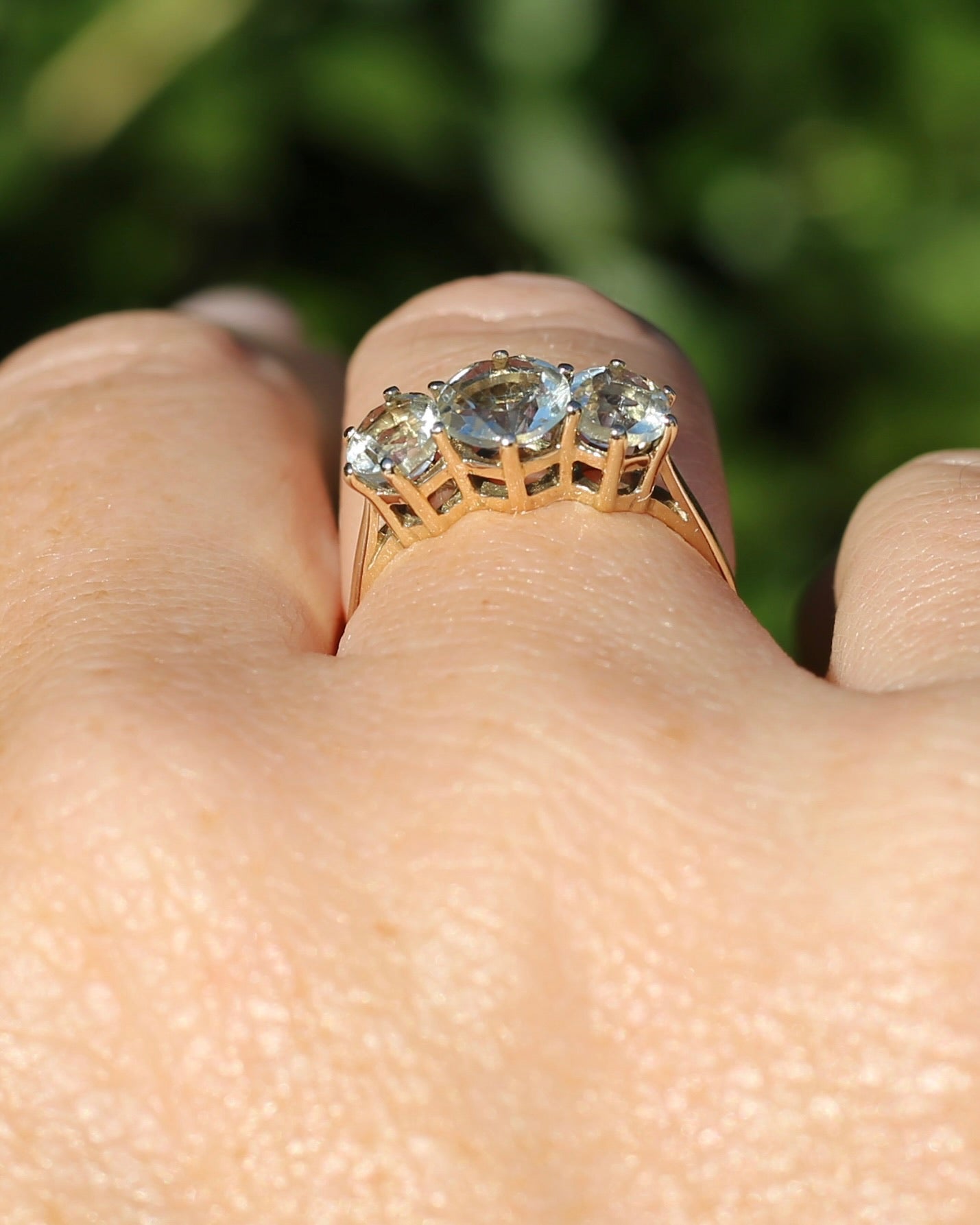 Prasiolite or Green Amethyst in Vintage Trilogy, 9ct Yellow Gold, size 7 or N1/2
