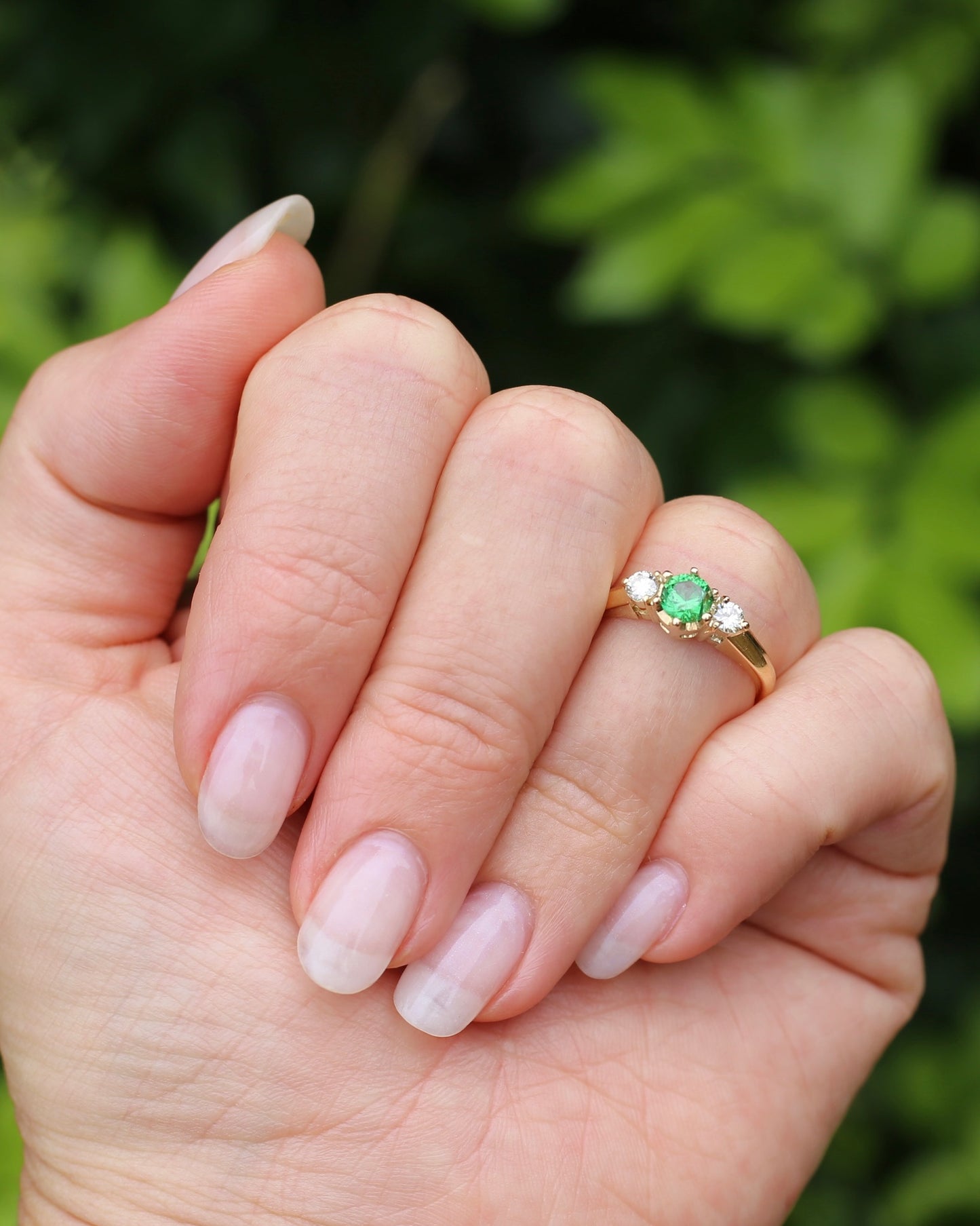 East African Tsavorite Garnet and Diamond Trilogy Ring, 18ct Yellow Gold, size K or 5.5 with valuation