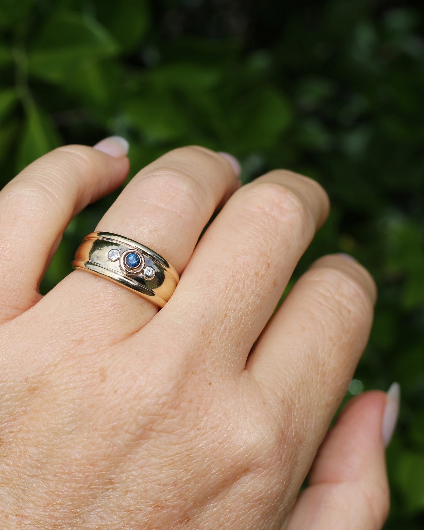Bezel Set Parti Sapphire and Diamond Trilogy, Chunky Yellow Gold, size O1/2 or 7.5 (will fit smaller due to width)