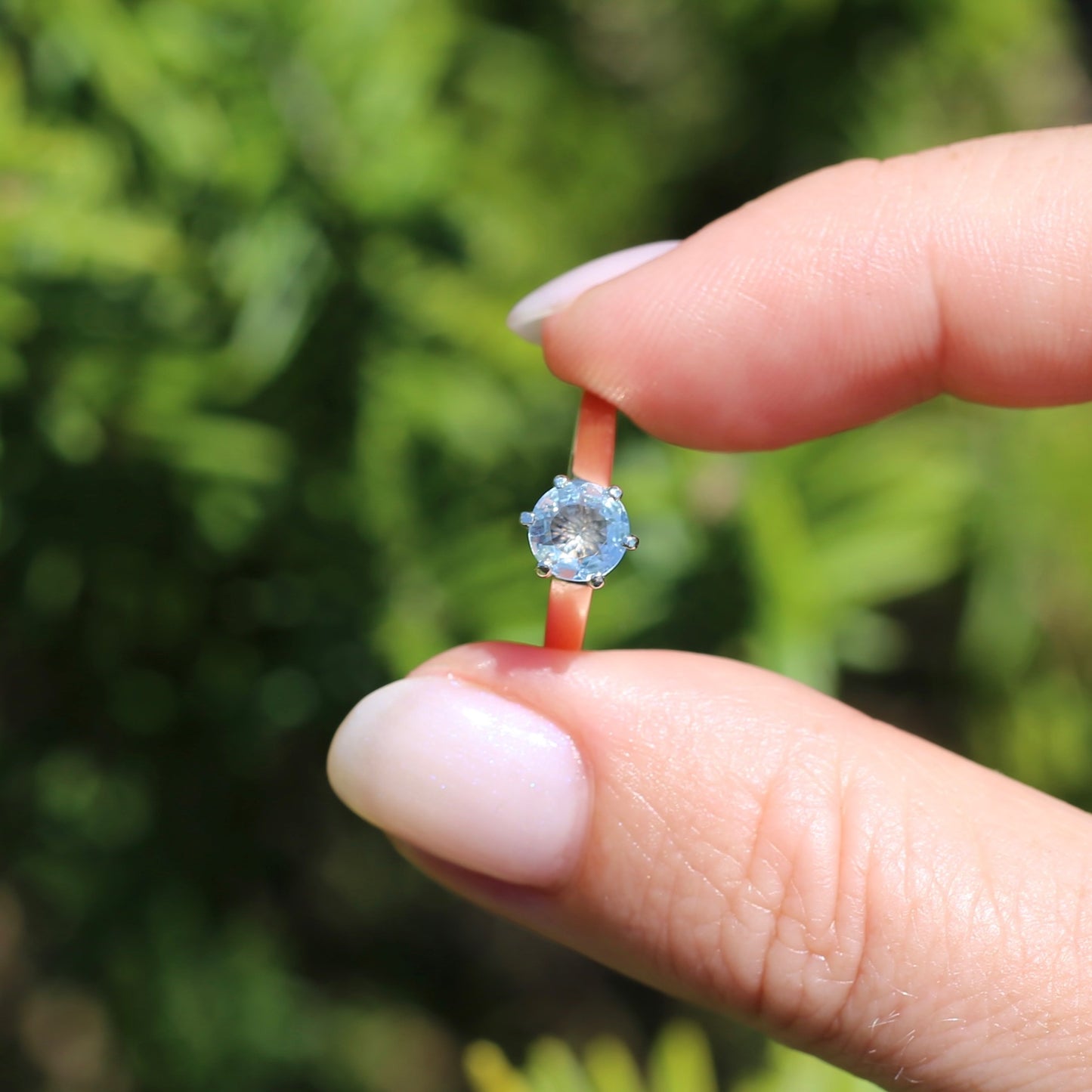 Round Natural Aquamarine Solitaire, 9ct Yellow and White Gold, size O or 7.25