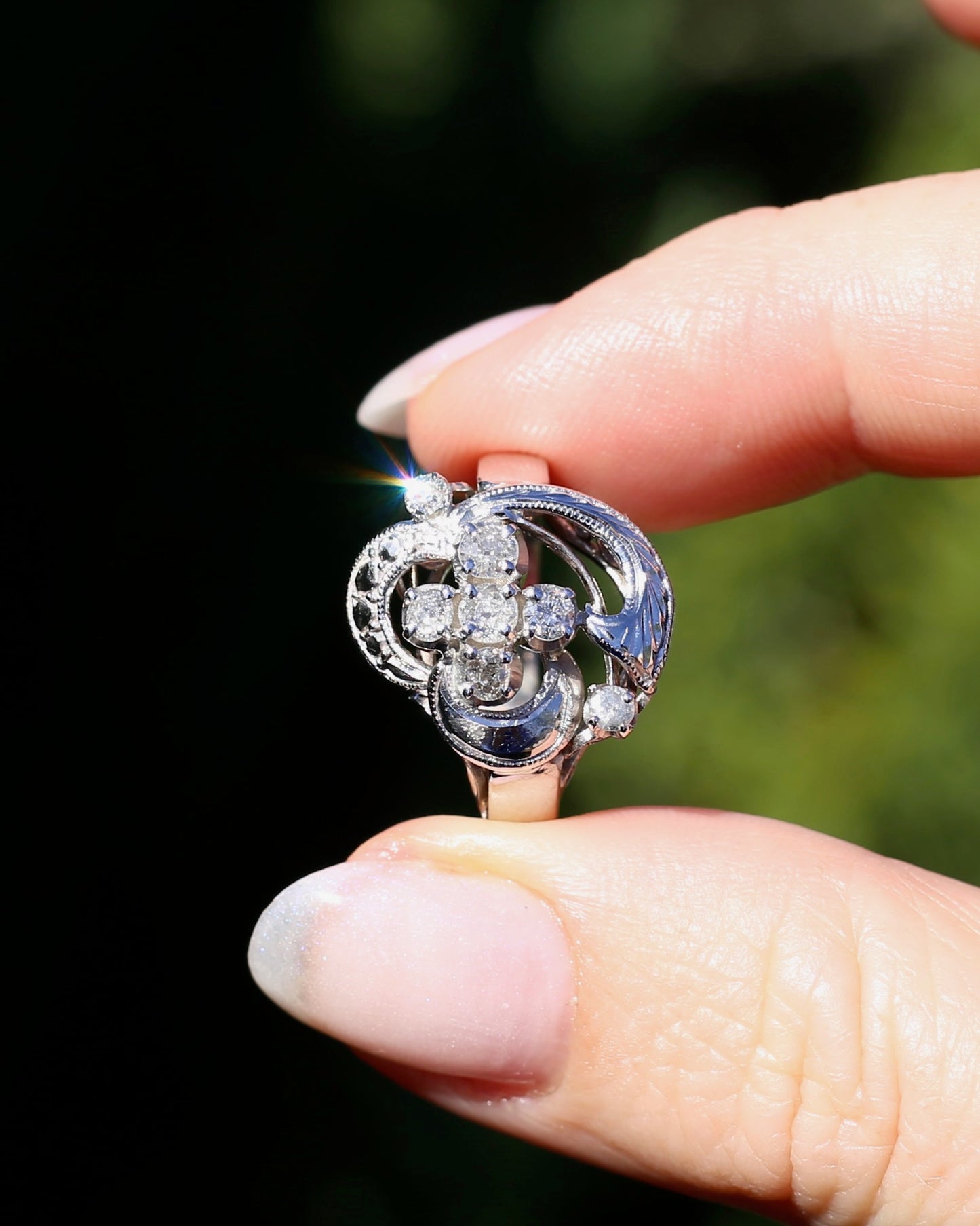 Old Cut and Early Brilliant Cluster Clover Ring, 9ct White Gold, size O or 7