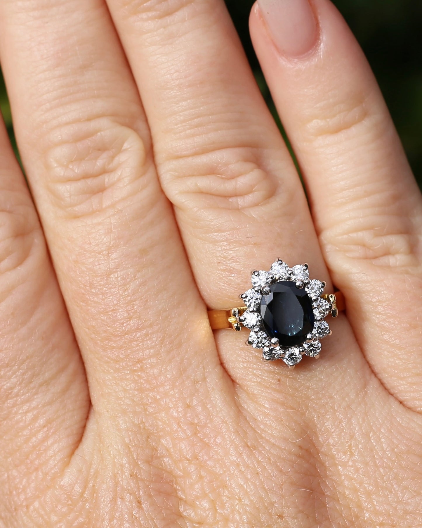 Vintage c1980s Diana Halo, Natural Sapphire and Diamond Halo, 18ct Yellow and White Gold, size P or 7.75 with valuation