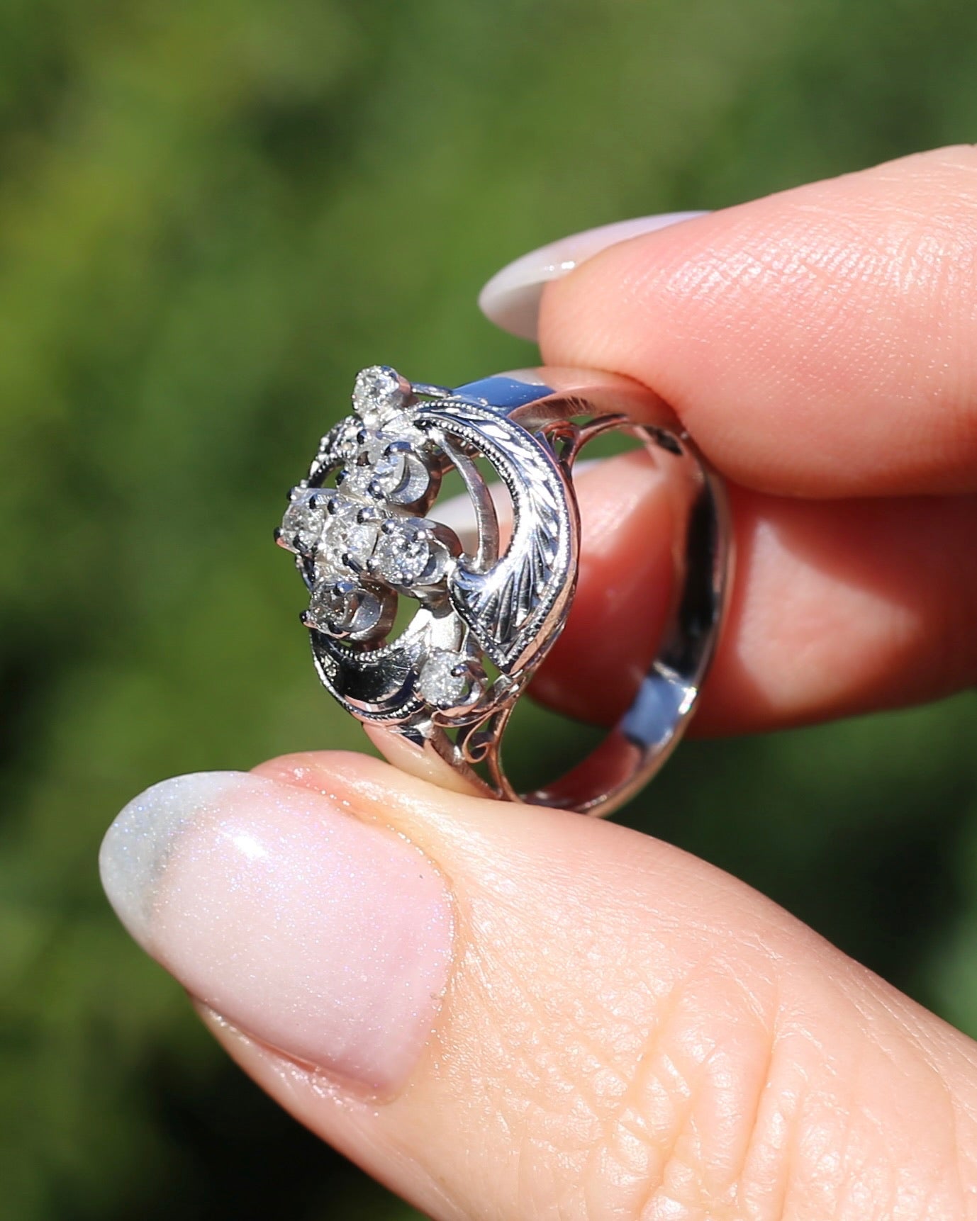 Old Cut and Early Brilliant Cluster Clover Ring, 9ct White Gold, size O or 7