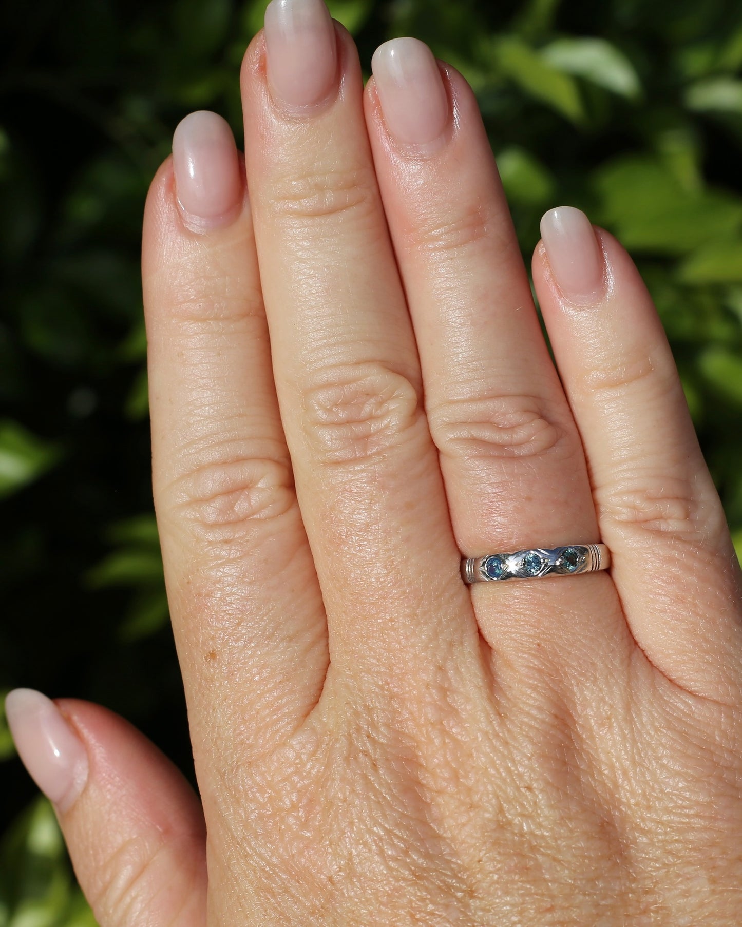 ON HOLD Australian Parti Sapphire Trilogy, 9ct White Gold Band, size N1/2 or just under 7, 2.67g