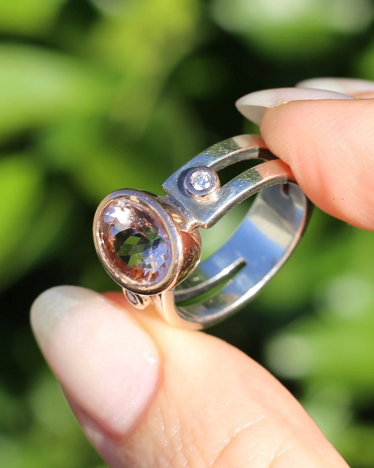 Chunky Bezel Set Morganite and Diamond Ring, 9ct Rose Gold and Silver, size P or 7.5 (fits smaller)