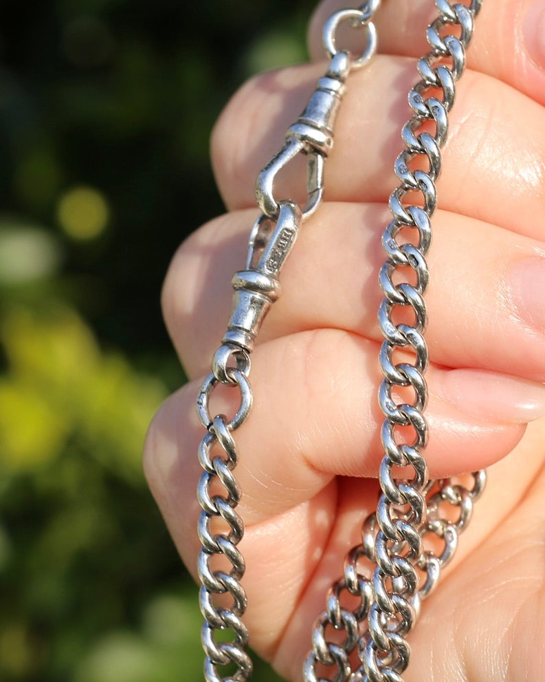Antique 1913-1914 Birmingham Made Curb Link Watch Chain, Double Albert Clasp, Sterling Silver, 41.5cm