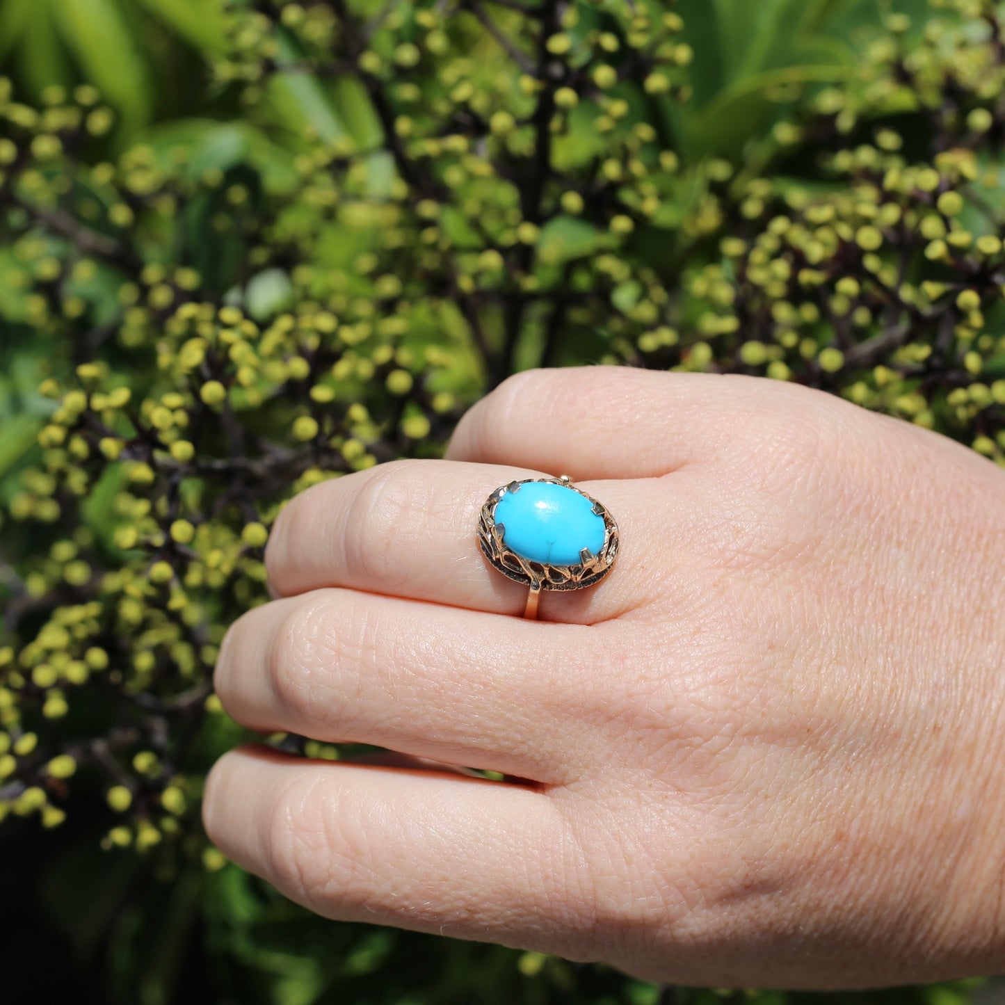 Vintage Hand Carved Filigree and Natural Turquoise Cabochon Ring, 9ct Yellow Gold, size 7.5 or O1/2