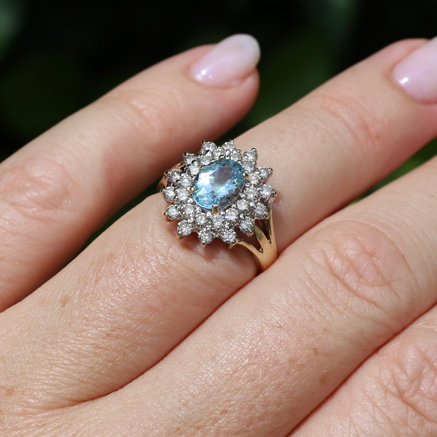 1.1ct Oval Aquamarine and Double Diamond Halo (0.88ct), 9ct White and Yellow Gold, size 6.25 or M