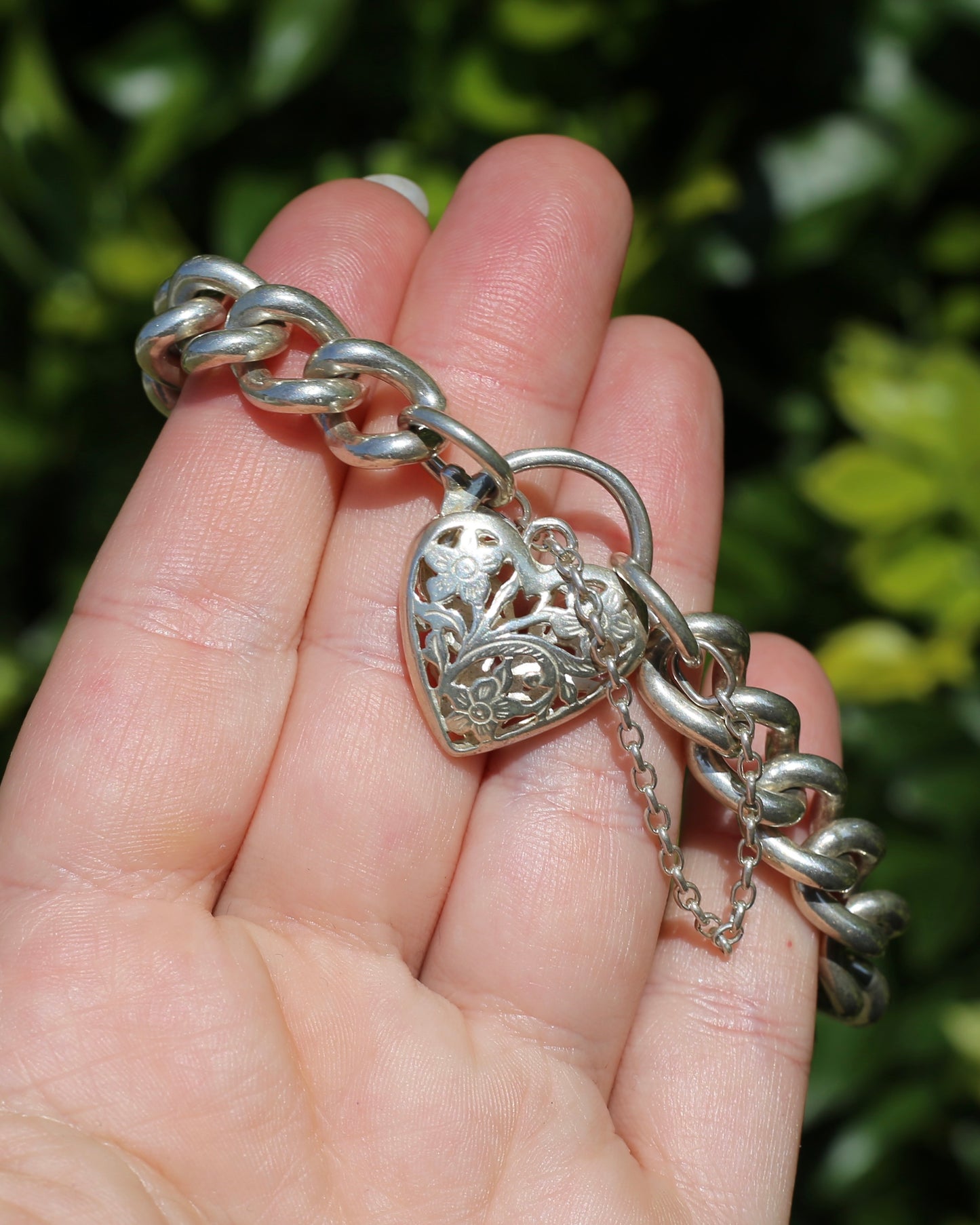 Chunky Curb and Filigree Heart Padlock Bracelet, Sterling Silver, 60.2g