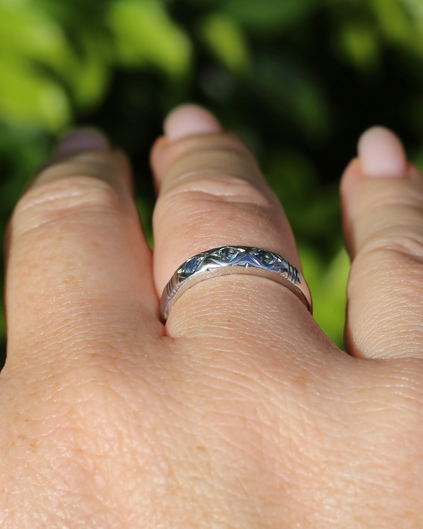 ON HOLD Australian Parti Sapphire Trilogy, 9ct White Gold Band, size N1/2 or just under 7, 2.67g