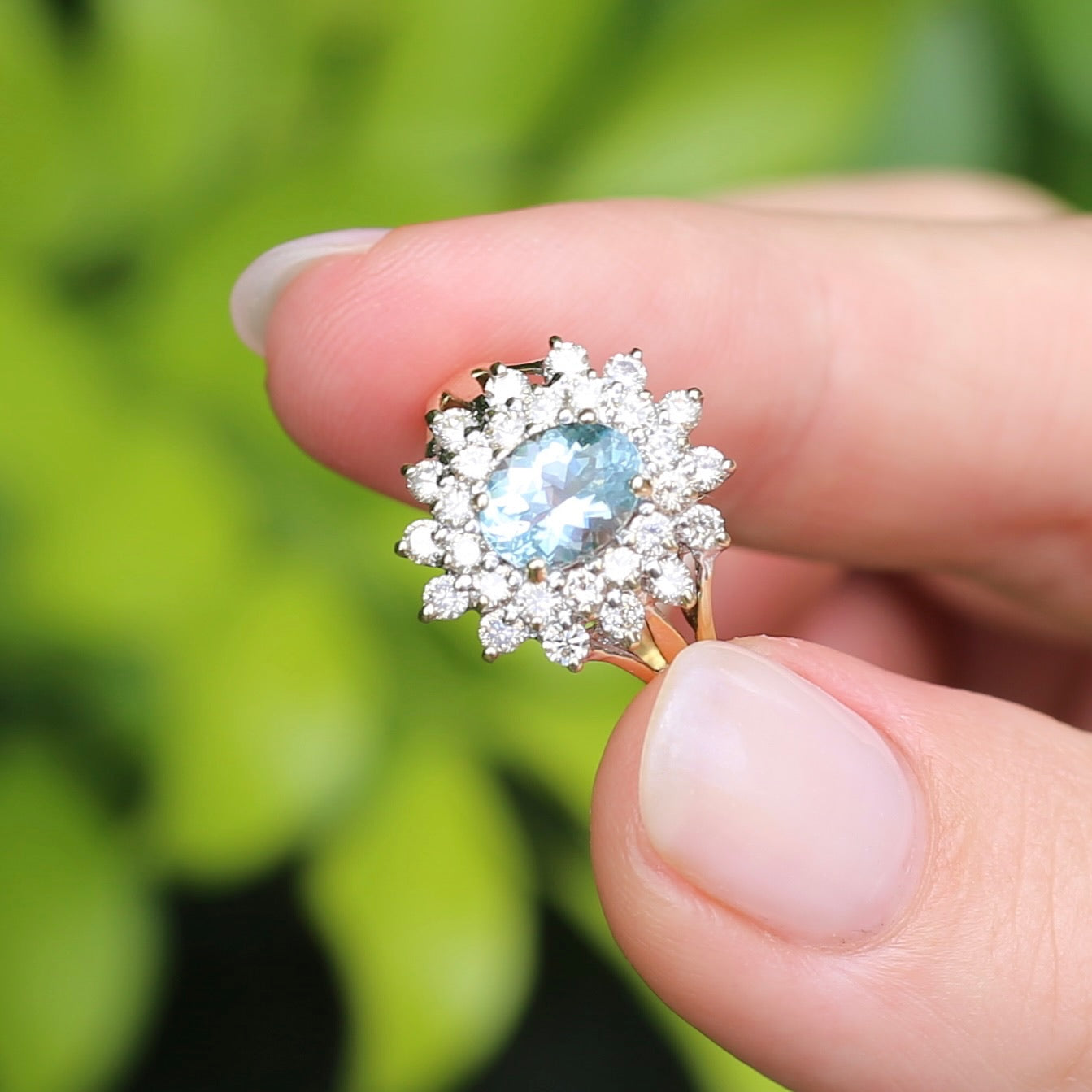 1.1ct Oval Aquamarine and Double Diamond Halo (0.88ct), 9ct White and Yellow Gold, size 6.25 or M