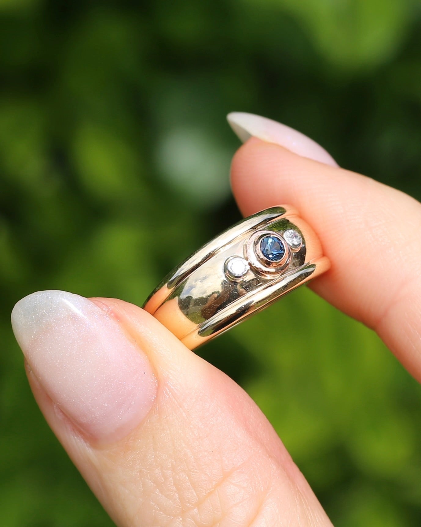 Bezel Set Parti Sapphire and Diamond Trilogy, Chunky Yellow Gold, size O1/2 or 7.5 (will fit smaller due to width)