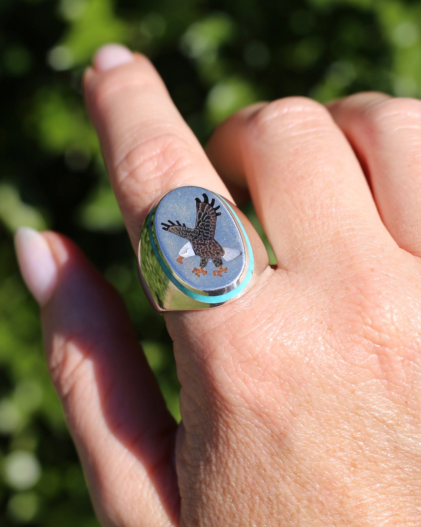 Navajo Artist Benjamin Becenti Inlaid Mother of Pearl and Turquoise Eagle Ring, Sterling Silver, size X1/2 or 11.75