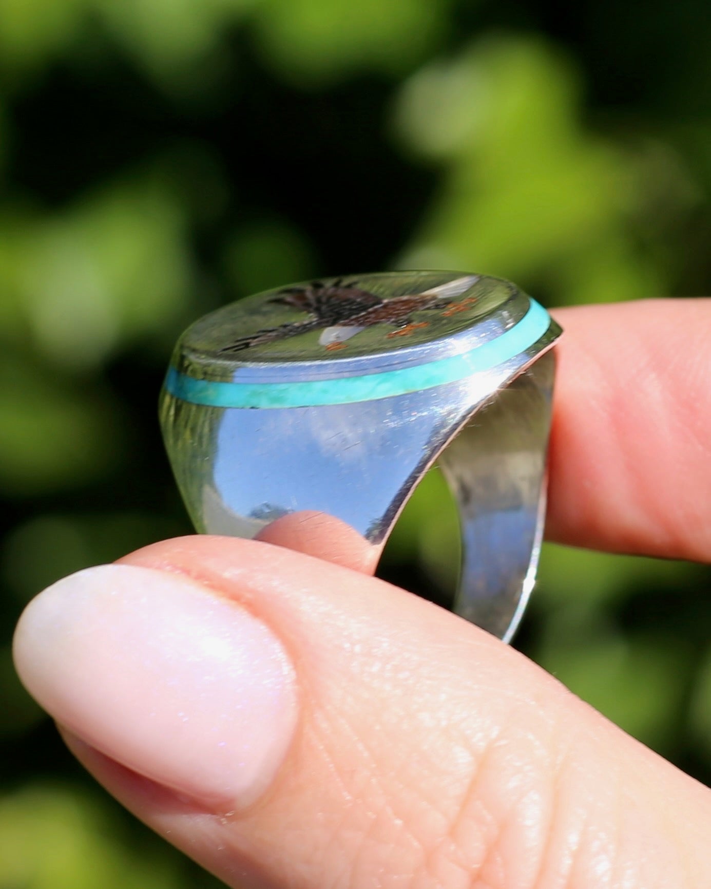 Navajo Artist Benjamin Becenti Inlaid Mother of Pearl and Turquoise Eagle Ring, Sterling Silver, size X1/2 or 11.75