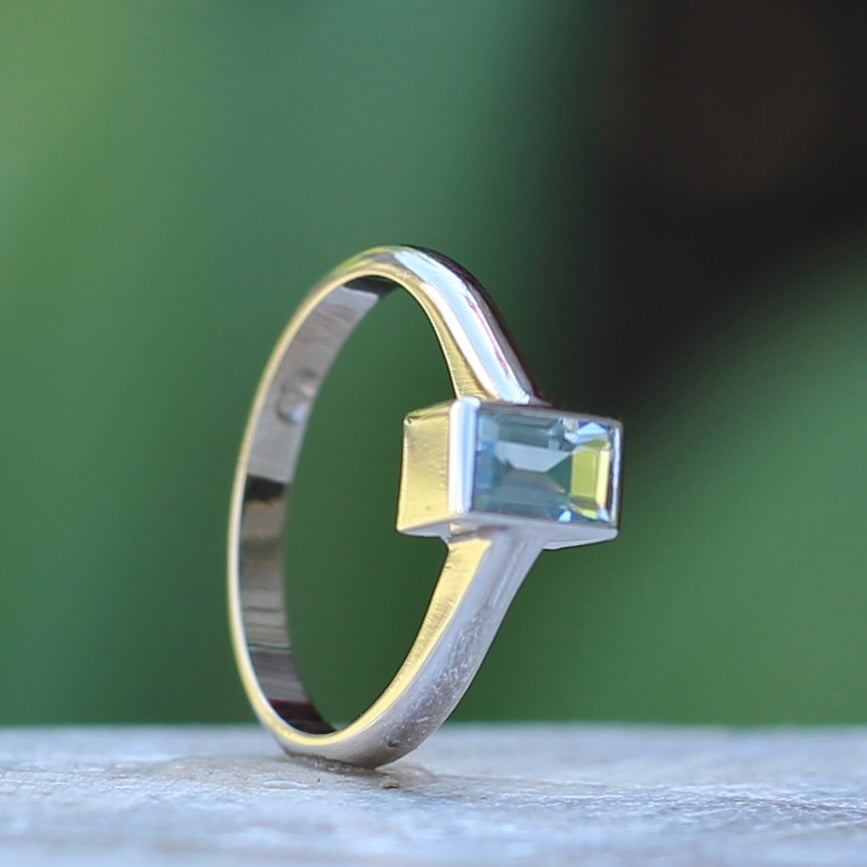 Second Glance - Bezel Set Emerald Cut Aquamarine, 9ct White Gold, size M or 6.25