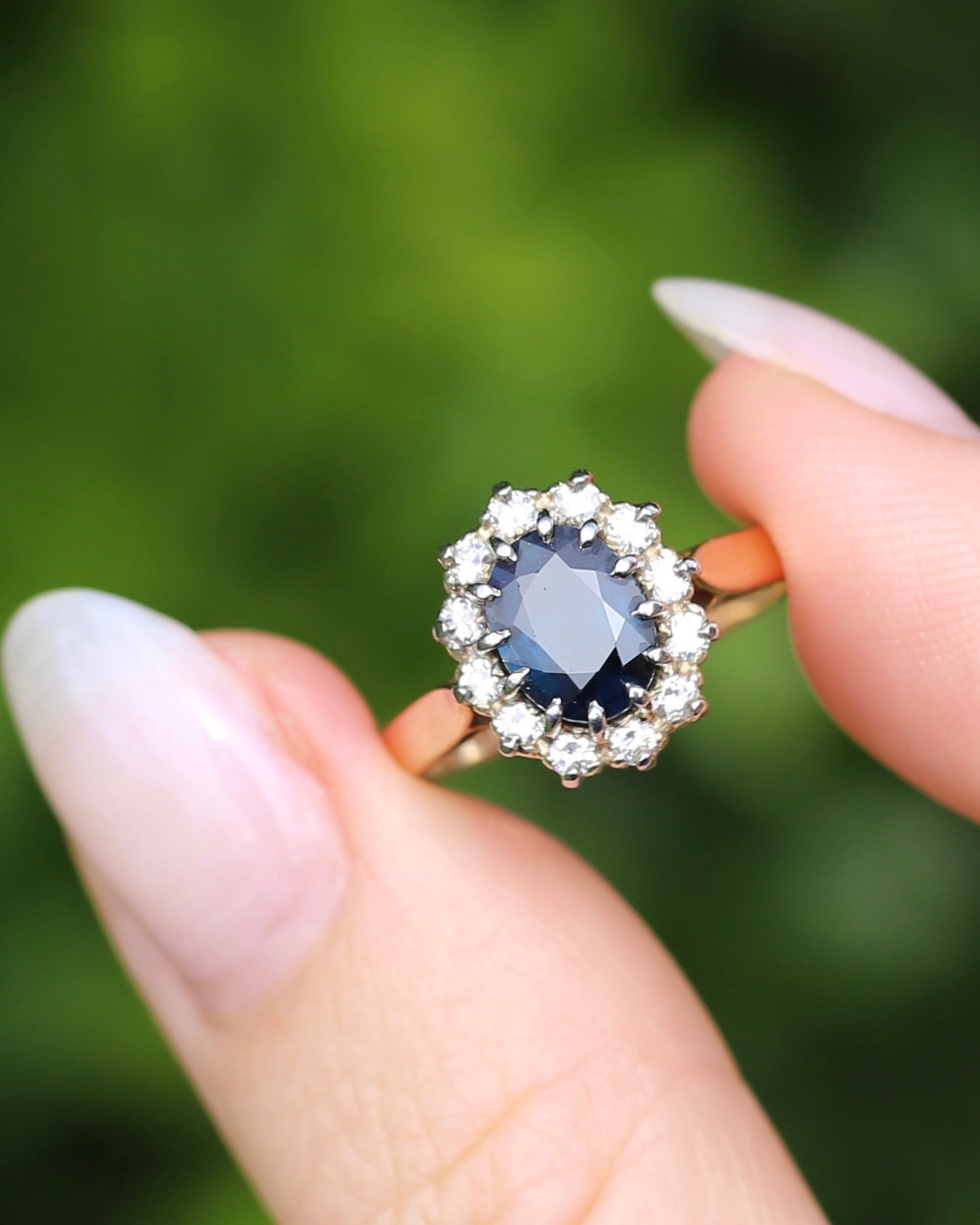 Vintage Natural Sapphire and Diamond Halo, 9ct Yellow and White Gold, size N1/2 or 7