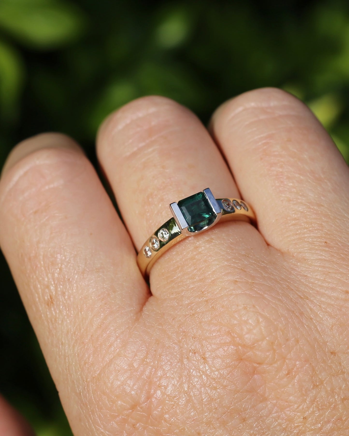 Vintage Chunky East West Set Semi Bezel Tourmaline and Flush Set Diamonds, 9ct Yellow and White Gold, size 9 or S, 4.37g