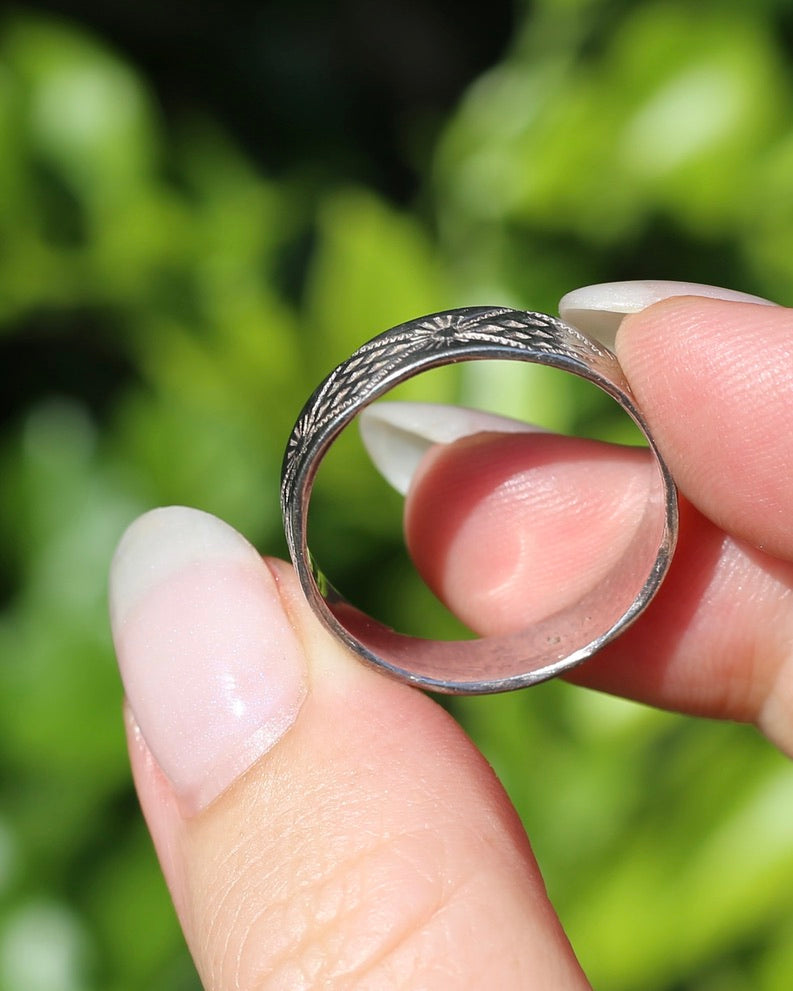 Engraved Sunshine and Diamond Panel Silver Band, Sterling Silver, sixe W1/2 or 11.25