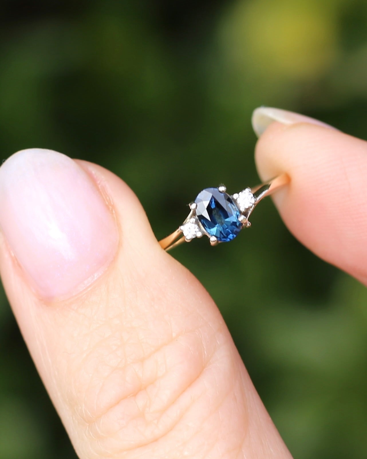 Vintage Natural Sapphire and Diamond Trilogy, 9ct Yellow and White Gold, size J or 4.75