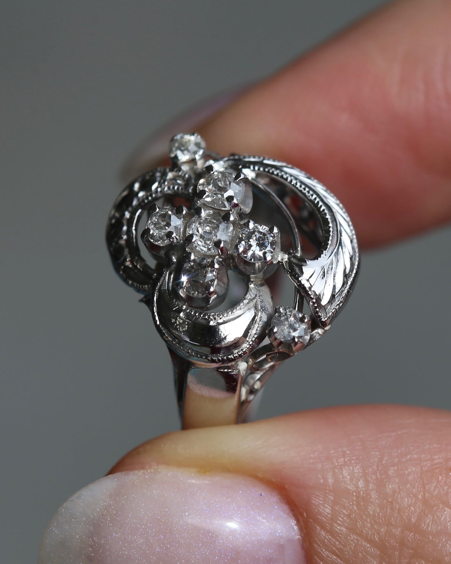 Old Cut and Early Brilliant Cluster Clover Ring, 9ct White Gold, size O or 7