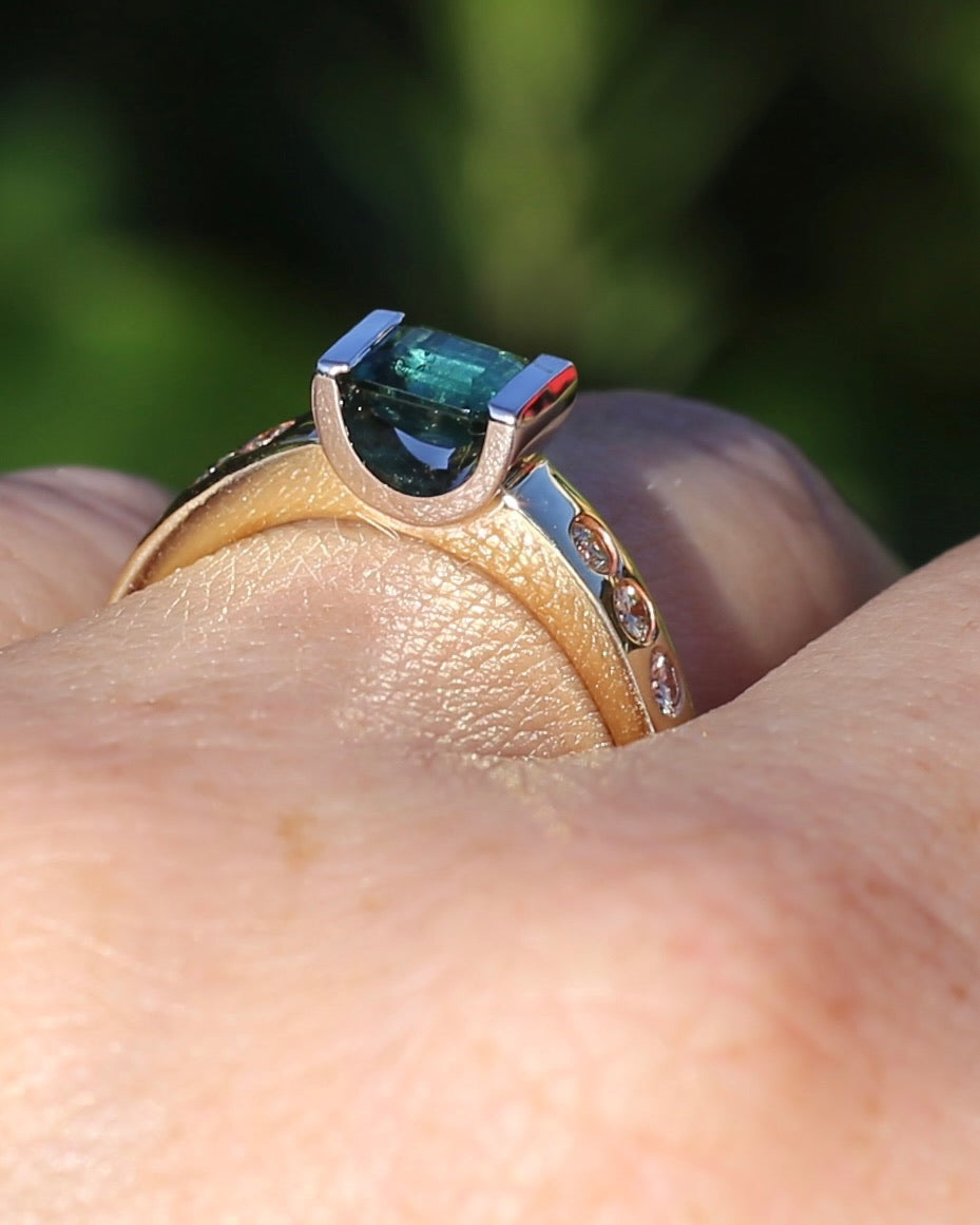 Vintage Chunky East West Set Semi Bezel Tourmaline and Flush Set Diamonds, 9ct Yellow and White Gold, size 9 or S, 4.37g