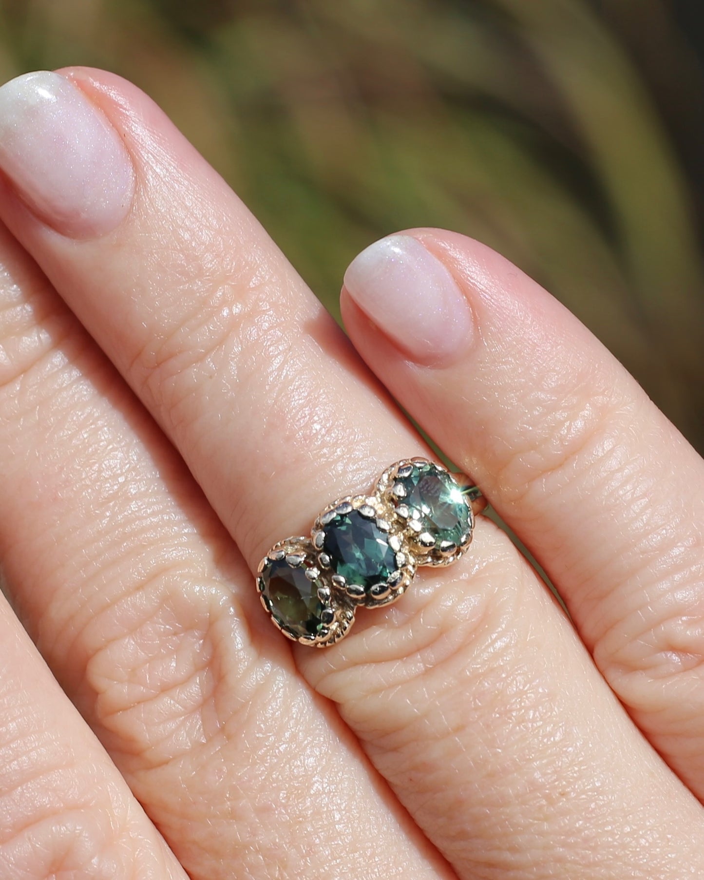3ct Green Parti Sapphire Claw Set Vintage Ring, 9ct Yellow Gold, size 6 or L1/2