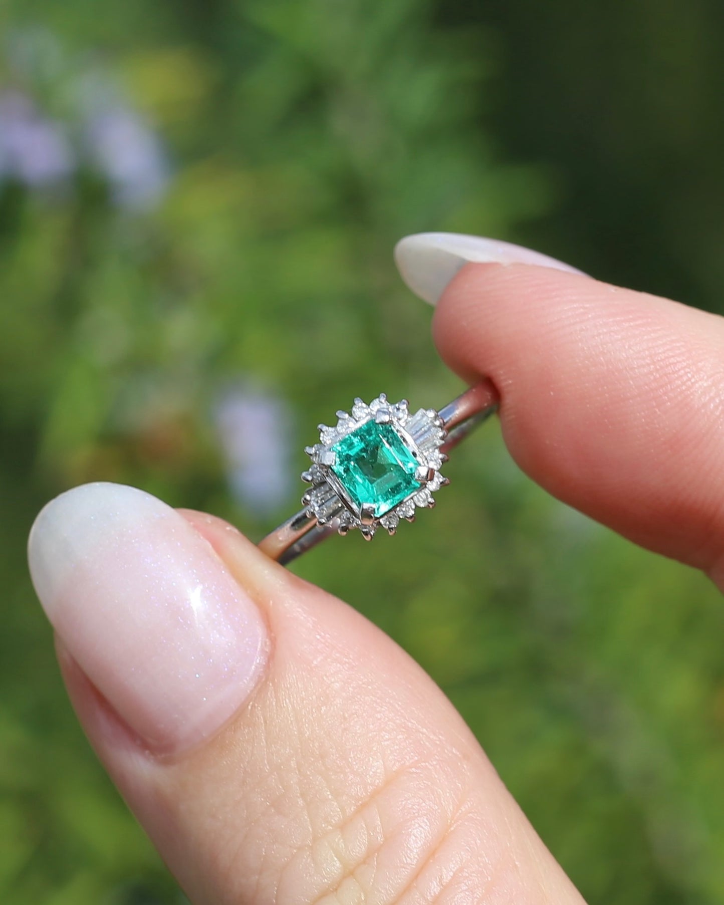 Natural Square Step Cut Emerald and Diamond Baguette Ballerina Skirt, Platinum Ring, size O or 7.25
