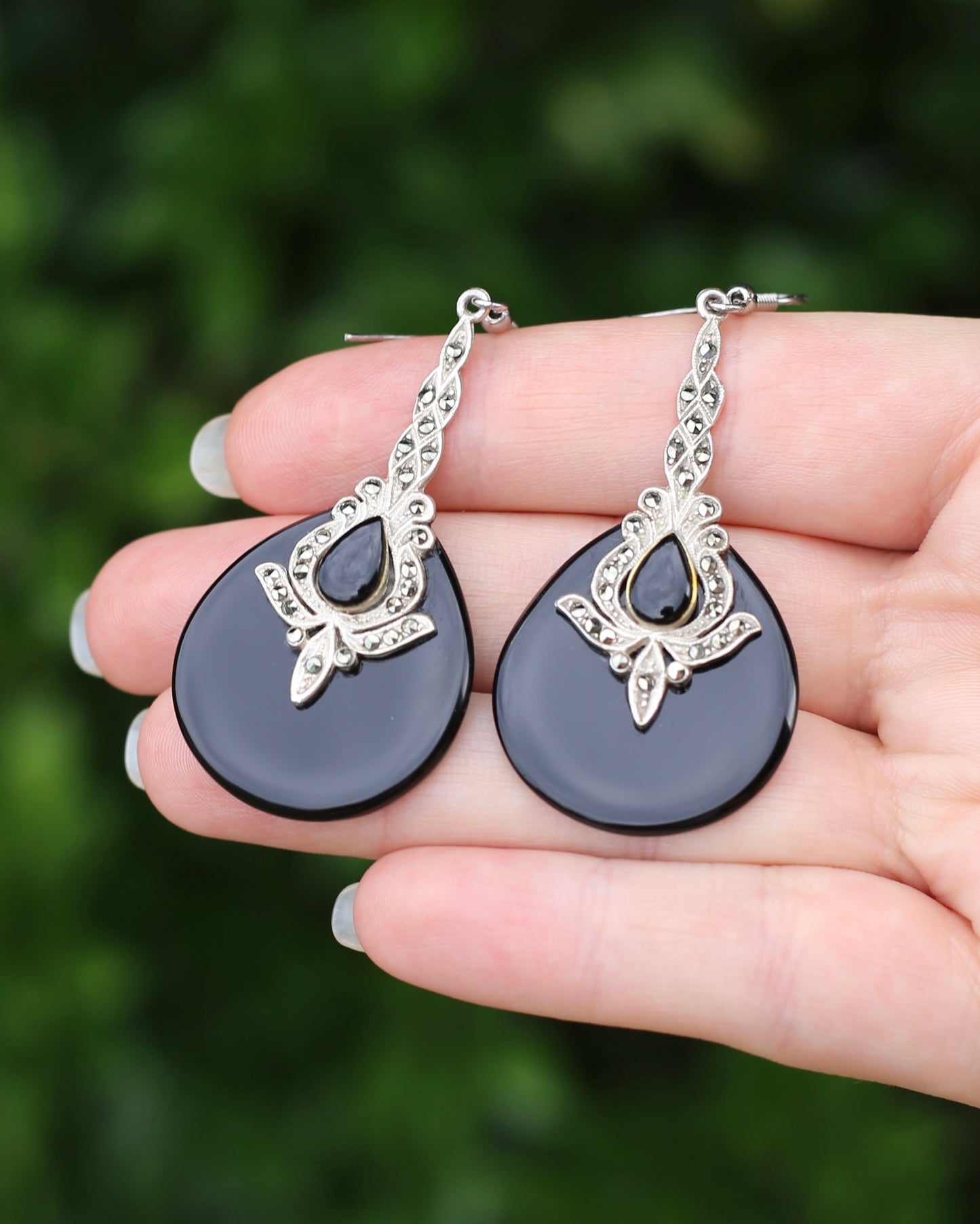 Vintage Onyx and Marcasite Silver Earrings, 13.8g