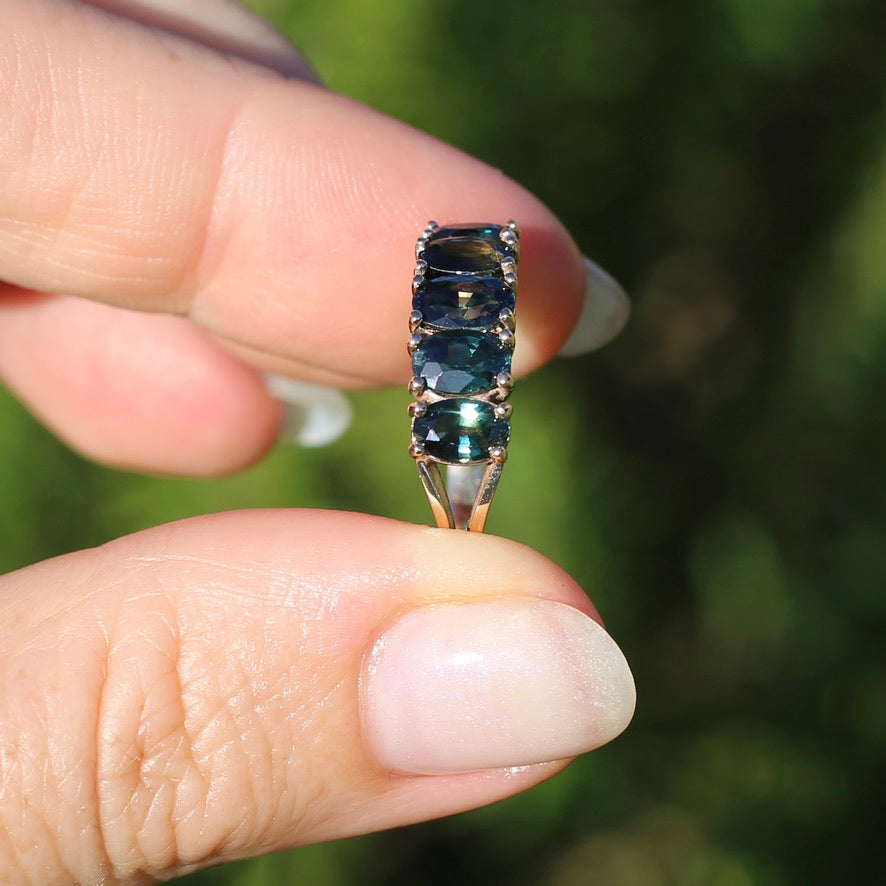 3 Carat Five Stone Parti Sapphire Ring, 9ct Yellow Gold, size R1/2 or nearly 9, with valuation