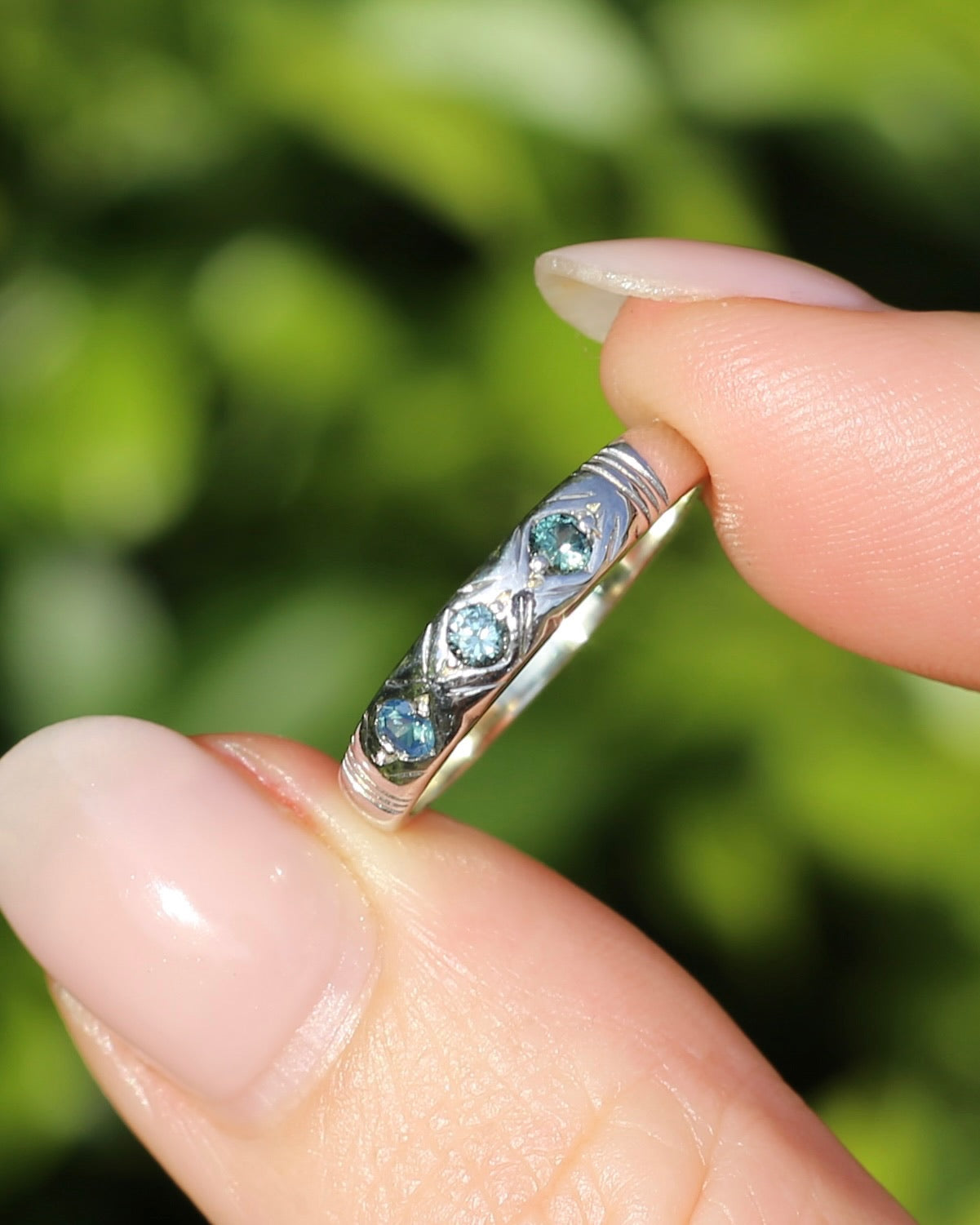 ON HOLD Australian Parti Sapphire Trilogy, 9ct White Gold Band, size N1/2 or just under 7, 2.67g
